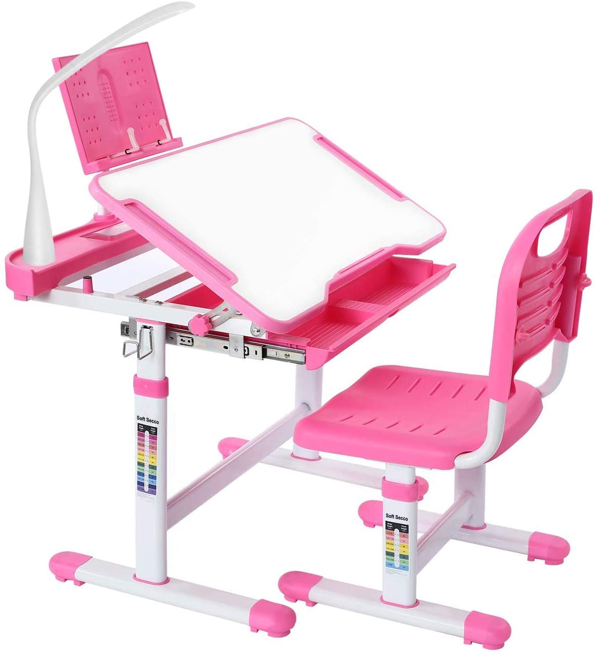 Royallge Adjustable Kids Desk and Chair Set with Storage - Height Adjustable Children's Study Desk, Portable Tiltable Table (0-60°), Includes LED Lamp, Pull-Out Drawer & Pencil Case - Perfect for Homeschooling, Online Learning & Homework for Boys & Girls Ages 3-18 (Pink)