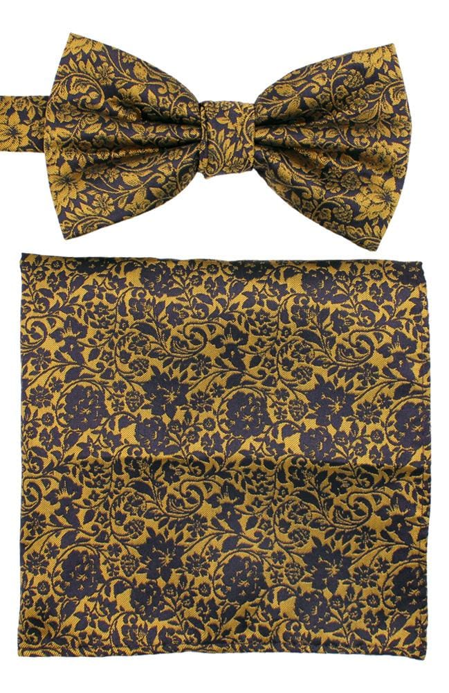 L.A. Smith Premium Polyester Gold Floral Bow Tie & Pocket Square Set for Weddings, Prom & Formal Events - Elegant Men's Accessories