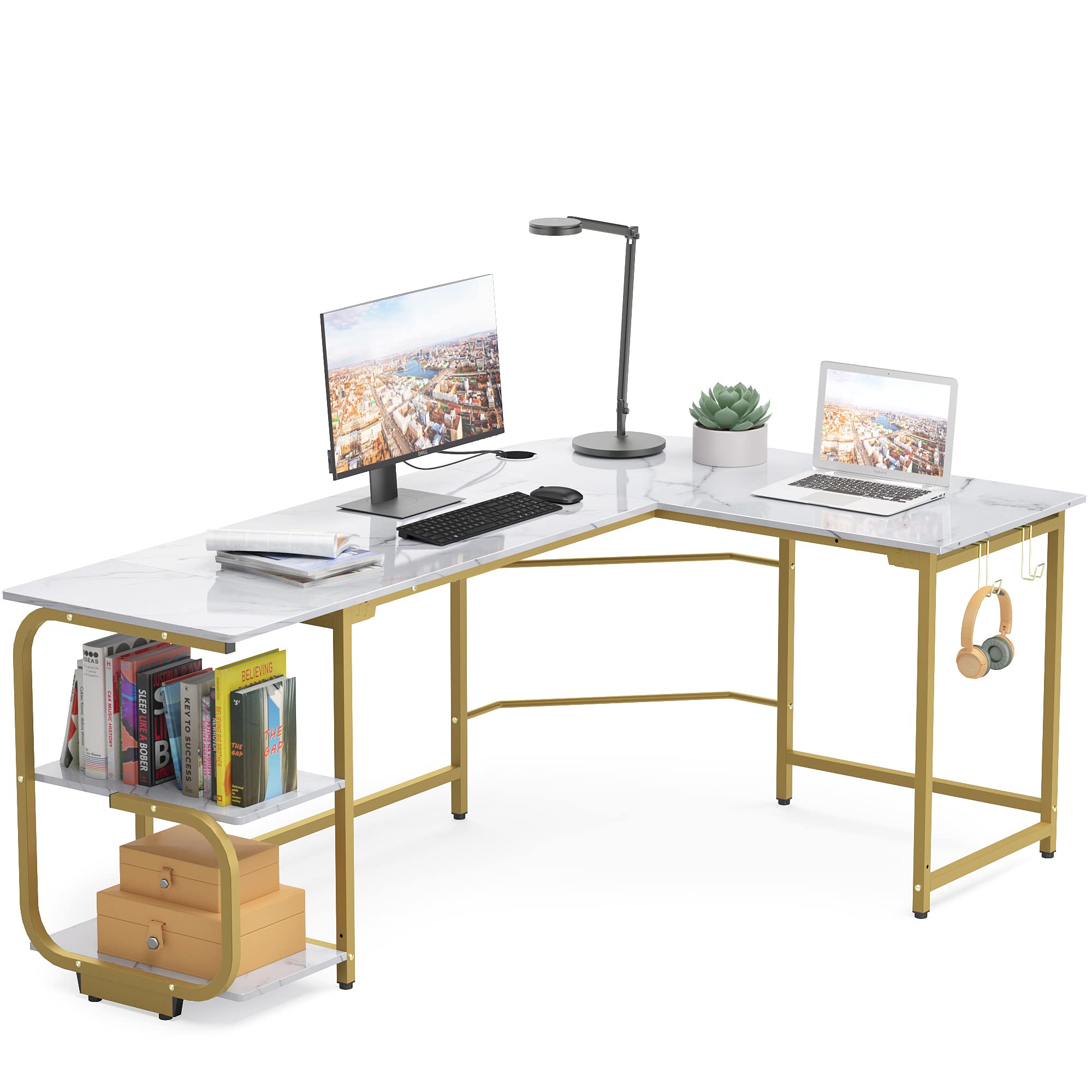 Merronix L-Shaped Office Desk - Modern Reversible L-Shaped Gaming Desk for Home Office & Workstation, Spacious Corner Computer Desk with White Marble Top & Gold Frame - Perfect for Small Spaces, Gaming Setup & Home Office Workstation