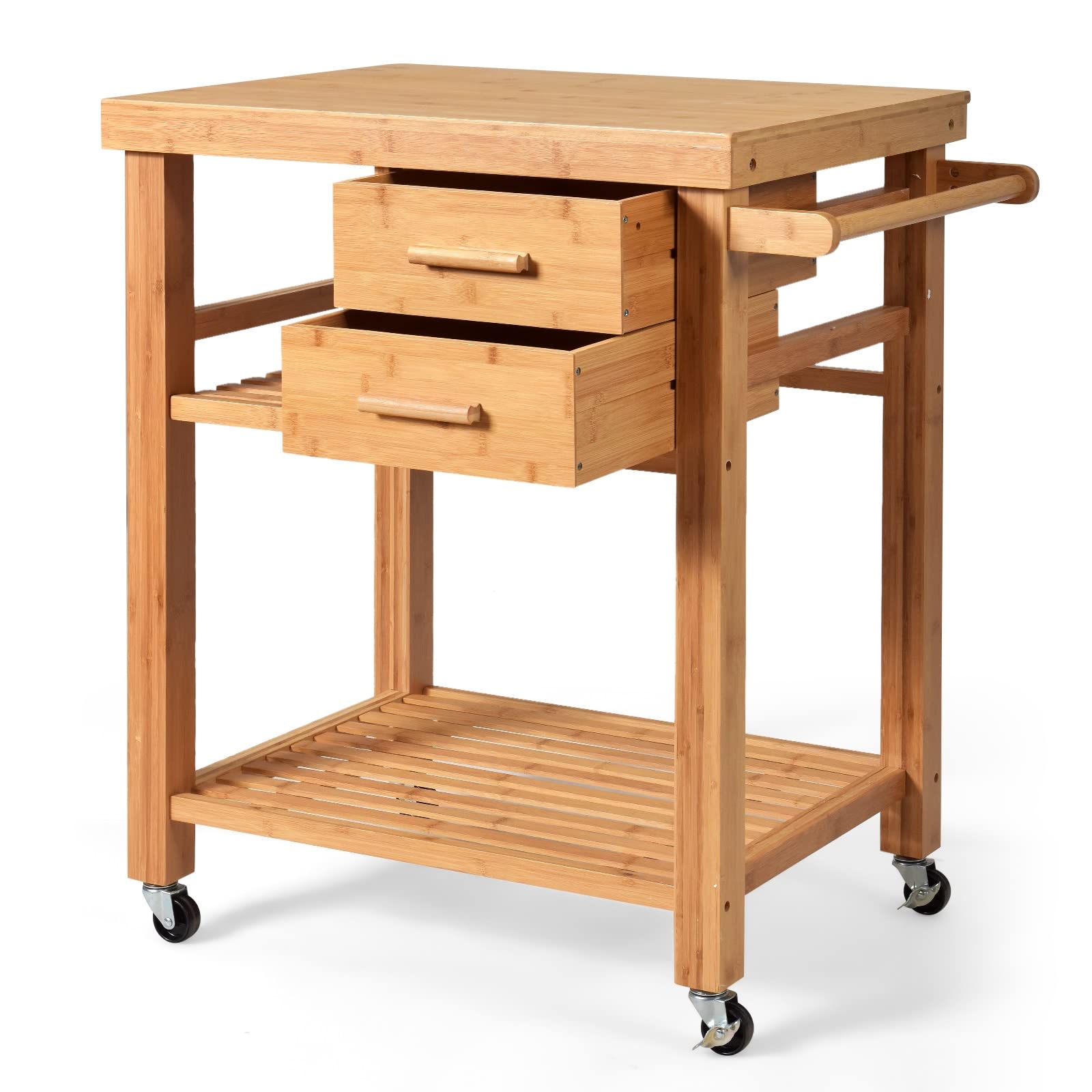 HAPPYGRILL Bamboo Kitchen Island Cart with Storage Shelves, Lockable Wheels & Towel Rack - Multi-Purpose Rolling Utility Cart for Serving, Prep Work & Small Space Organization - Perfect for Kitchen, Dining Room & Outdoor Entertaining