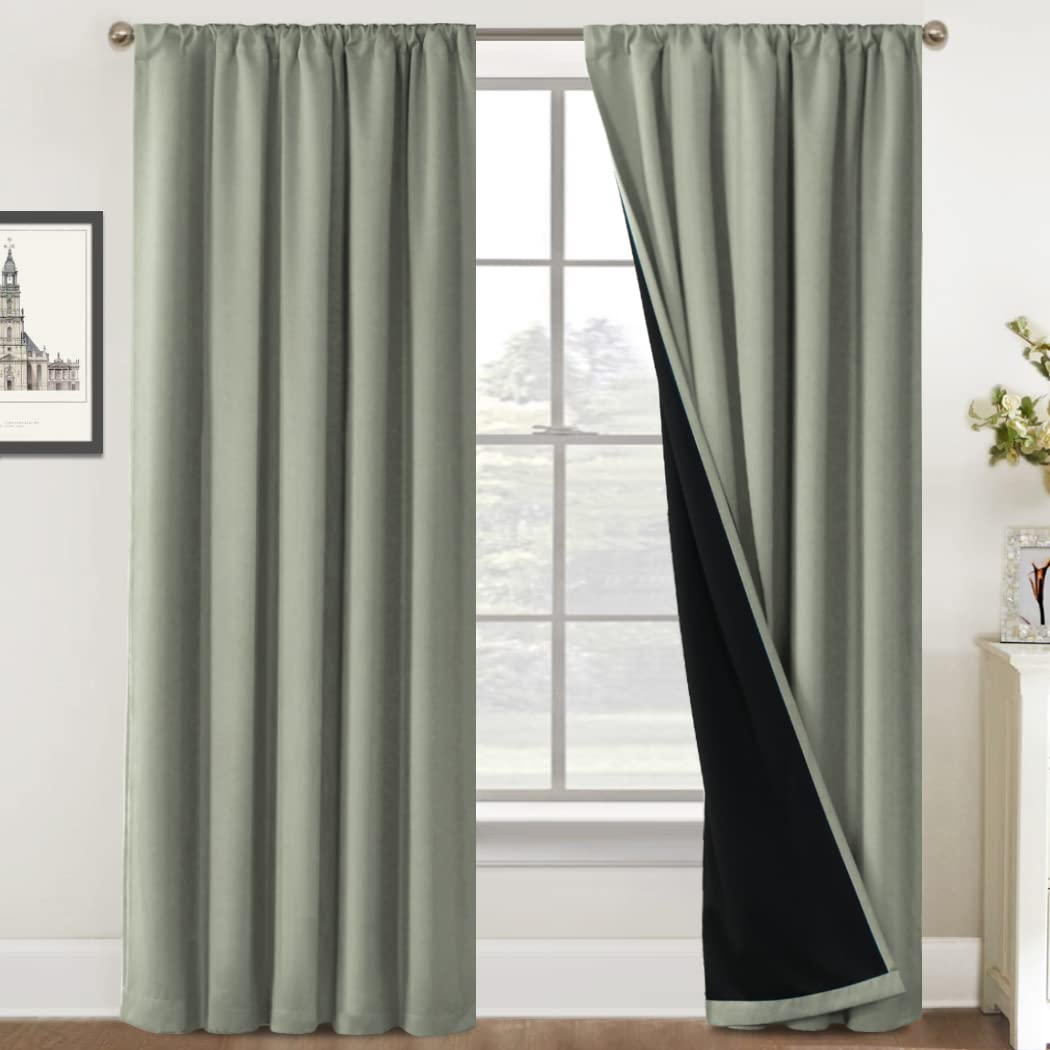 100% Blackout Thermal Insulated Curtains for Bedroom & Living Room - 52x84 Inch Energy Efficient Rod Pocket Drapes with Black Liner (Sage Green, 2 Panels) - Perfect for Light Blocking, Privacy & Temperature Control
