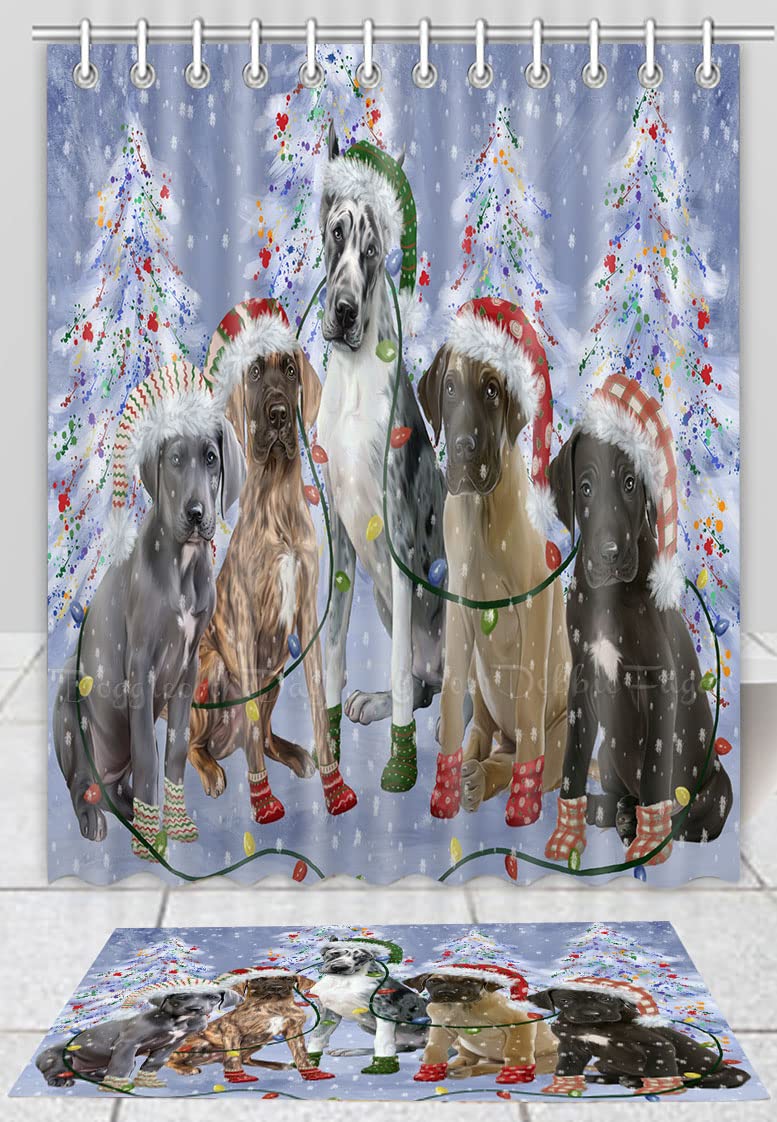 Christmas Lights & Great Dane Dog Shower Curtain Set with Anti-Slip Bath Mat - 72