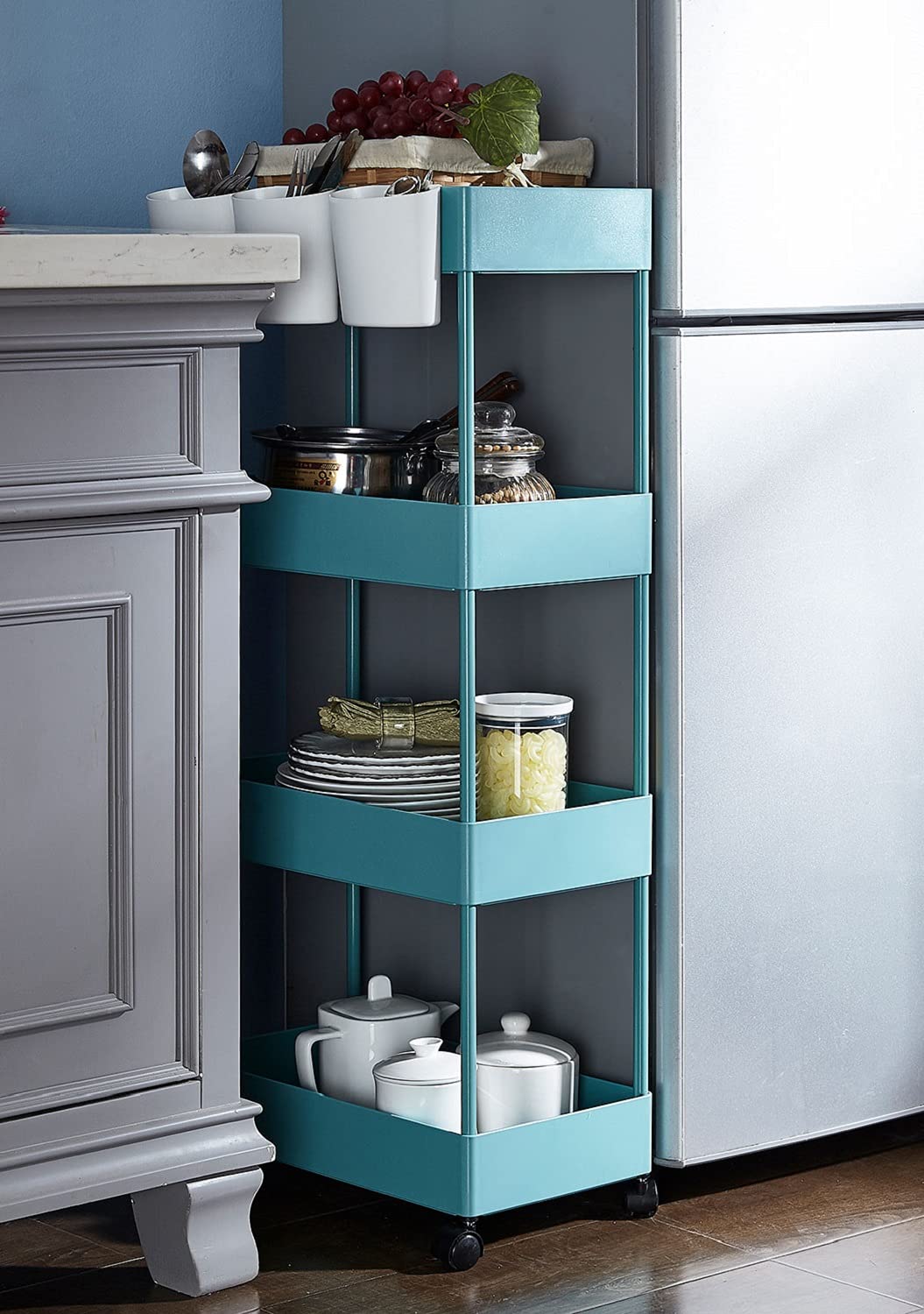 4-Tier Rolling Storage Cart with Slide-Out Shelves - Slim Mobile Organizer Utility Cart for Kitchen, Bathroom, Office - ABS Plastic Shelving Unit for Crafts, Supplies & Home Organization (Blue) - Perfect for Small Spaces & Clutter-Free Storage