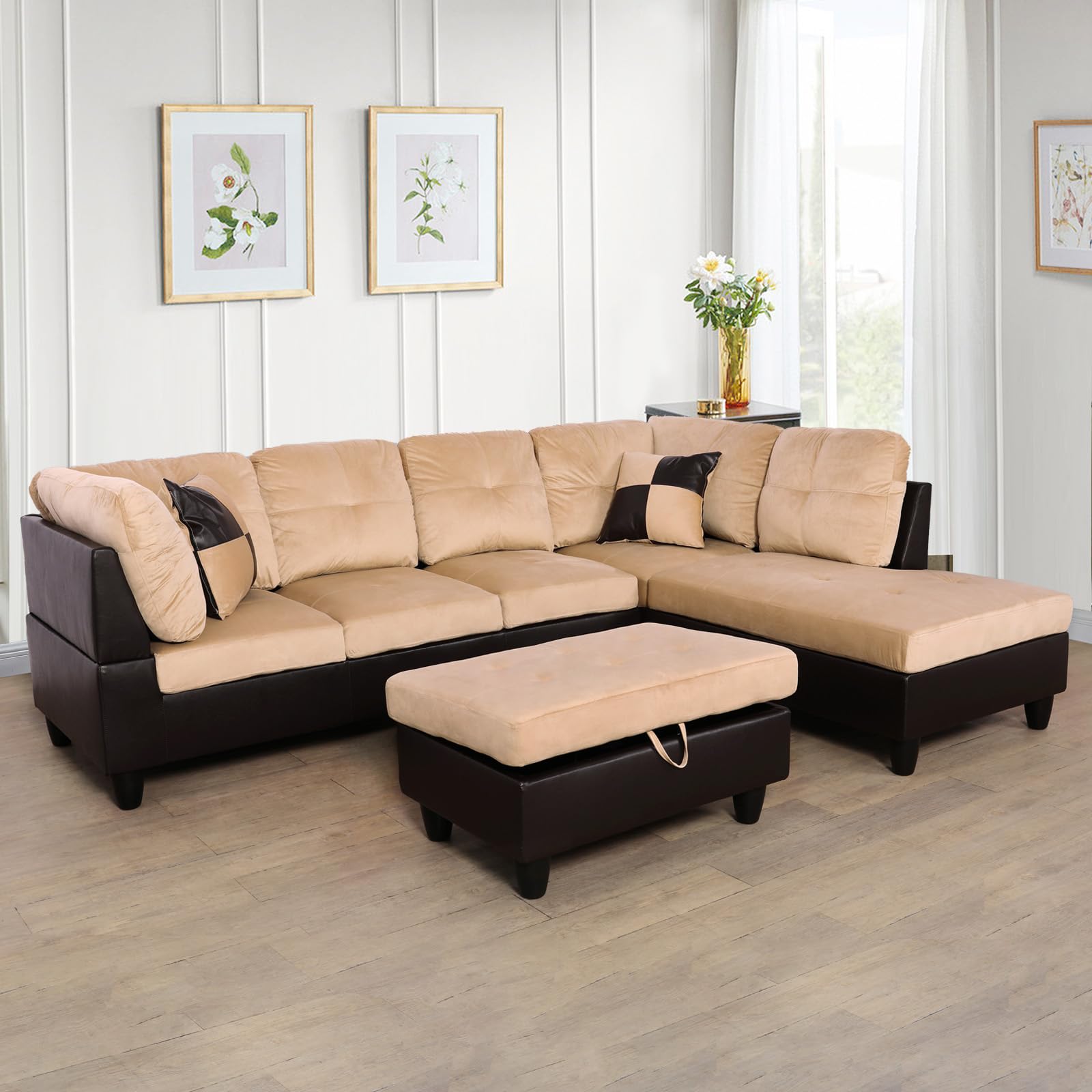 L-Shaped Microfiber Sectional Sofa Set with Storage Ottoman - Modern Living Room Couch for Apartments & Homes, Beige | Perfect for Small Spaces, Family Gatherings & Movie Nights (Includes Hydraulic Lift Ottoman)