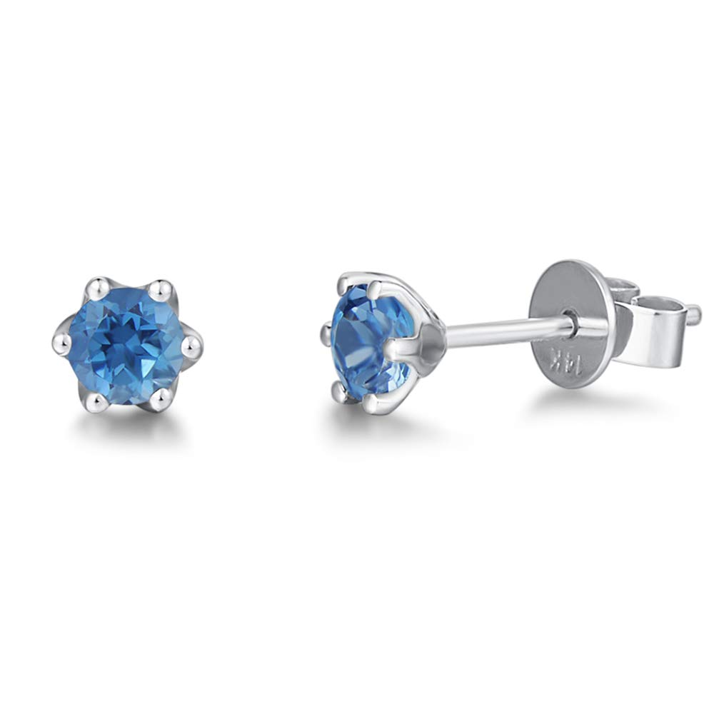 14K Solid Gold Diamond Cut Genuine Aquamarine & Topaz Stud Earrings for Women - 5mm Tiny Birthstone Jewelry, Perfect Gift for Mom, Wife, Her on Anniversary, Birthday | Elegant for Everyday Wear & Special Occasions