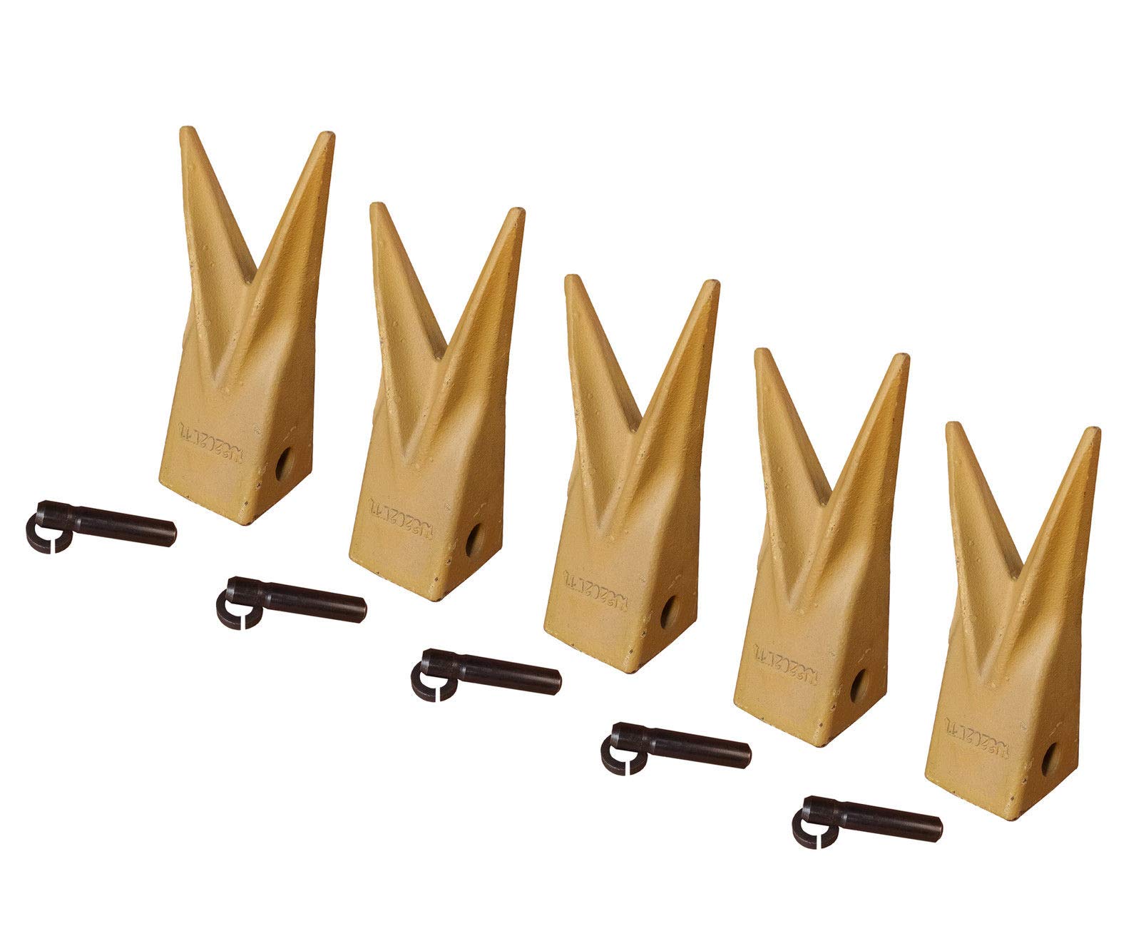 Cat Style Backhoe Bucket Tiger Teeth with Pins & Retainers - Heavy Duty Set of 5 (1U3202WTL) for Excavator, Tractor & Construction Equipment - Perfect for Digging, Trenching & Landscaping Projects