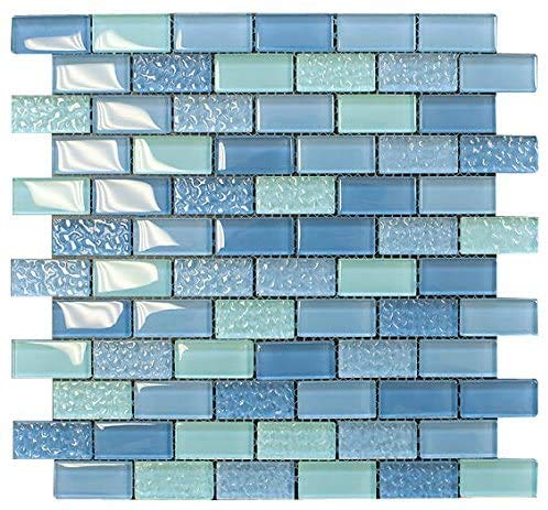 Pool Wave Crystal Subway Glass Mosaic Tile - Waterproof Bathroom & Kitchen Wall Tile Set (10 Sheets/Case, Mix Blue) - Perfect for Backsplashes, Shower Walls & Swimming Pool Accents