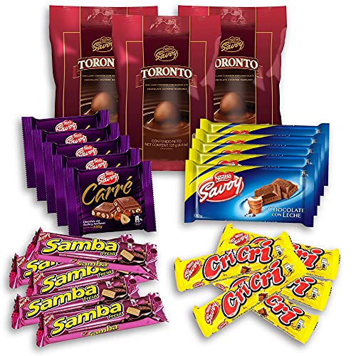 Nestle Savoy 3 Bags Toronto Chocolate (14 Pieces) + 5 Carre Chocolate Bars + 5 Cri Cri Chocolate Bars + 5 Strawberry Samba Wafers + 5 Milk Chocolate Bars (62 Pieces Total) - Authentic Venezuelan Chocolate Assortment for Gifts, Parties & Dessert Lovers