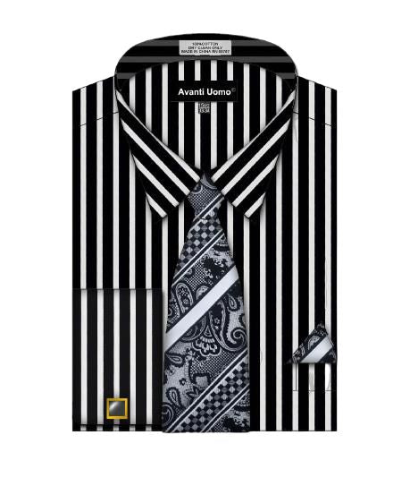 AVANTI UOMO BOLD STRIPED MEN'S SHIRT - Black & White Casual Button Down Shirt for Business & Party Wear | Slim Fit All Over Print Dress Shirt for Work, Date Night & Special Occasions