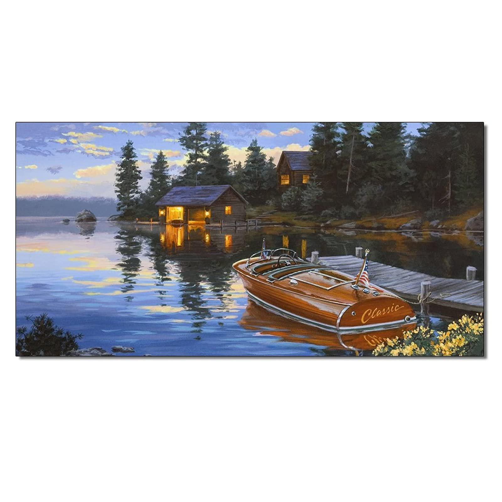 Boat Landscape Oil Painting Canvas Print - Aesthetic Wall Art for Living Room, Home Decor, 16x32inch (40x80cm) - Perfect for Coastal, Nautical or Modern Interior Design