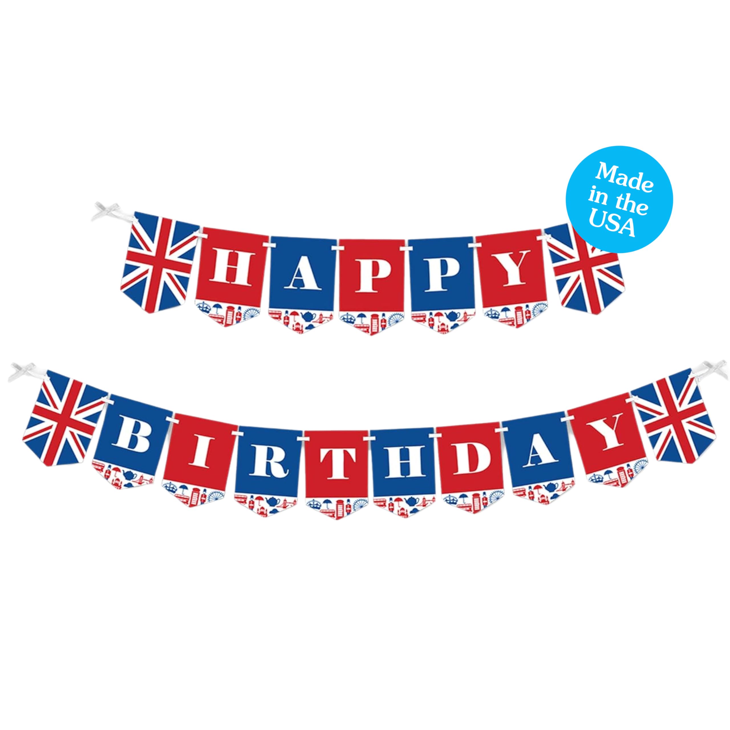 Big Dot of Happiness Cheerio, London - British UK Birthday Party Bunting Banner - Happy Birthday Decorations for Indoor & Outdoor Celebrations