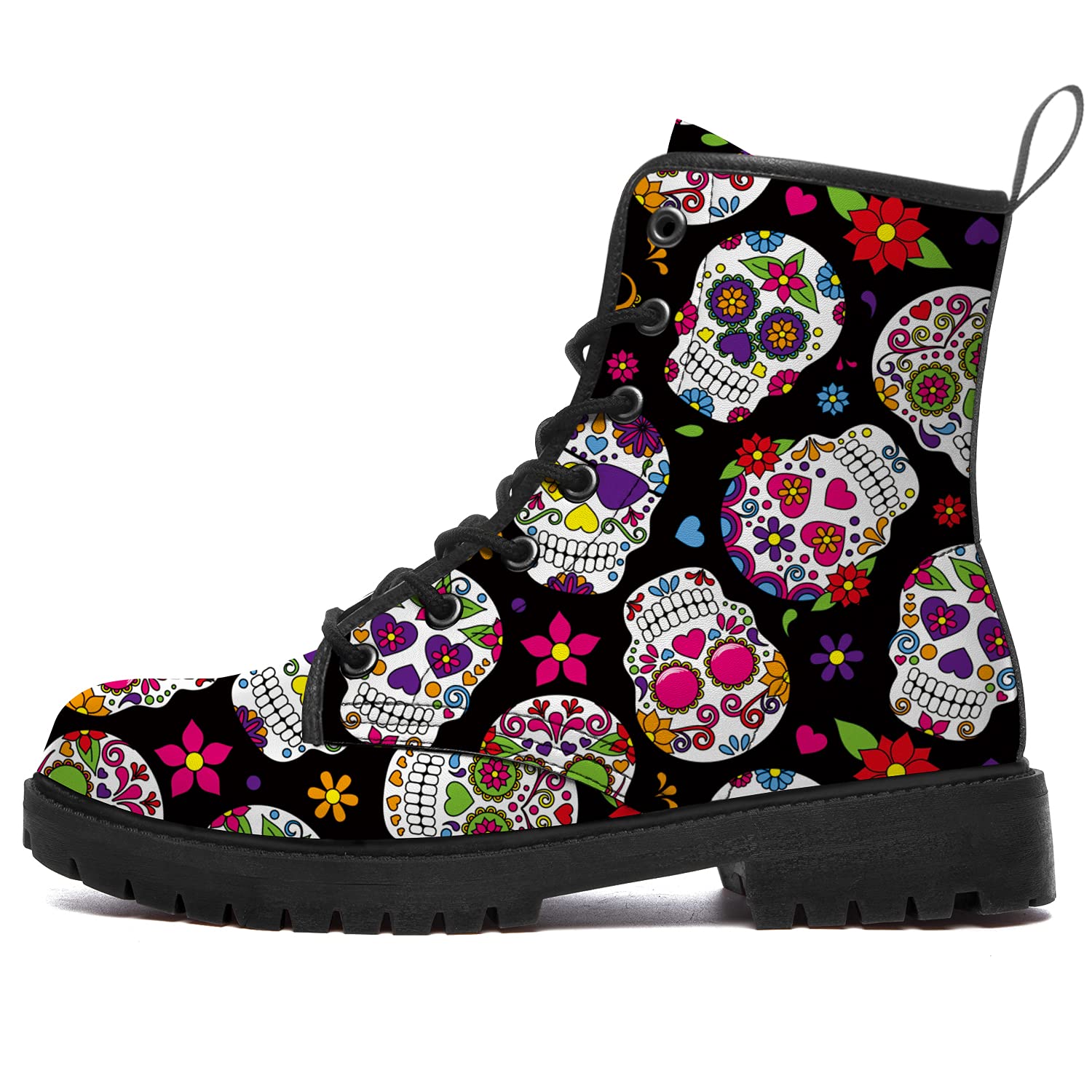 Gothic Sugar Skull Combat Boots for Women & Men - Low Heel Ankle Work Boots with Anti-Slip Sole - Punk Rock Fashion Footwear for Halloween, Cosplay & Everyday Wear