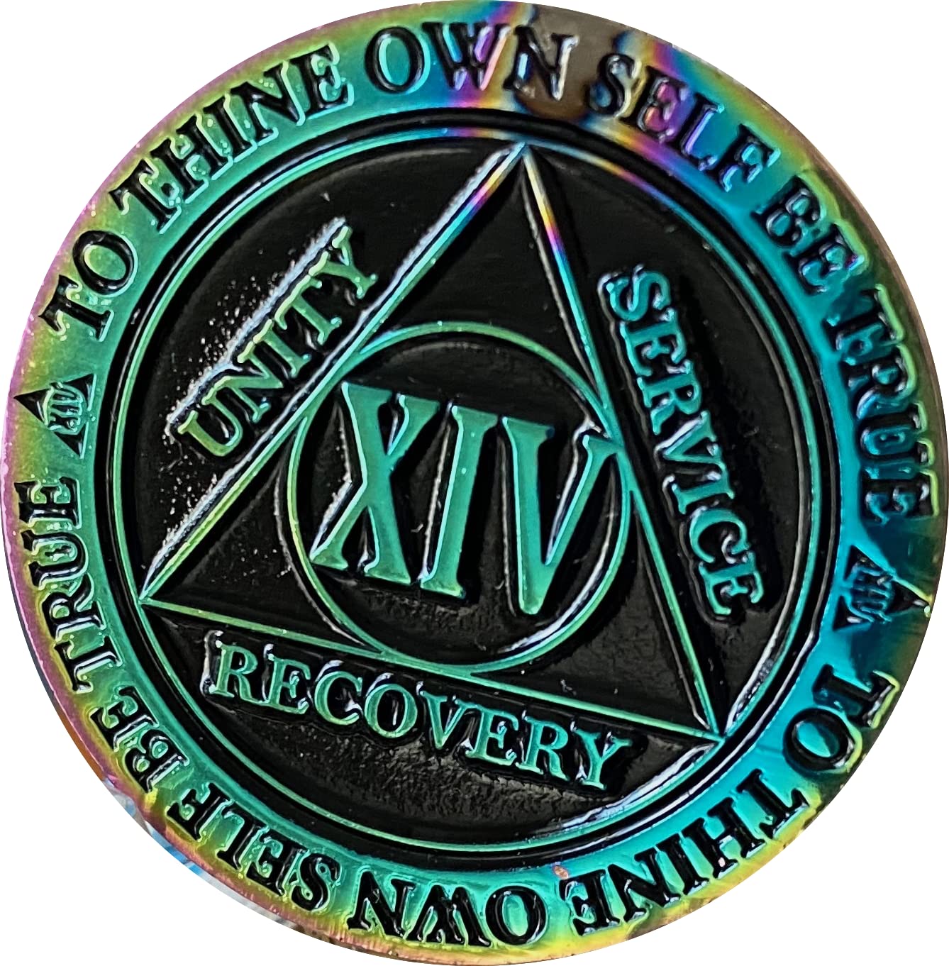 14 Year AA Medallion Reflex Rainbow Plated Black Sobriety Chip - Alcoholics Anonymous Recovery Token for Milestone Celebration & Support Groups