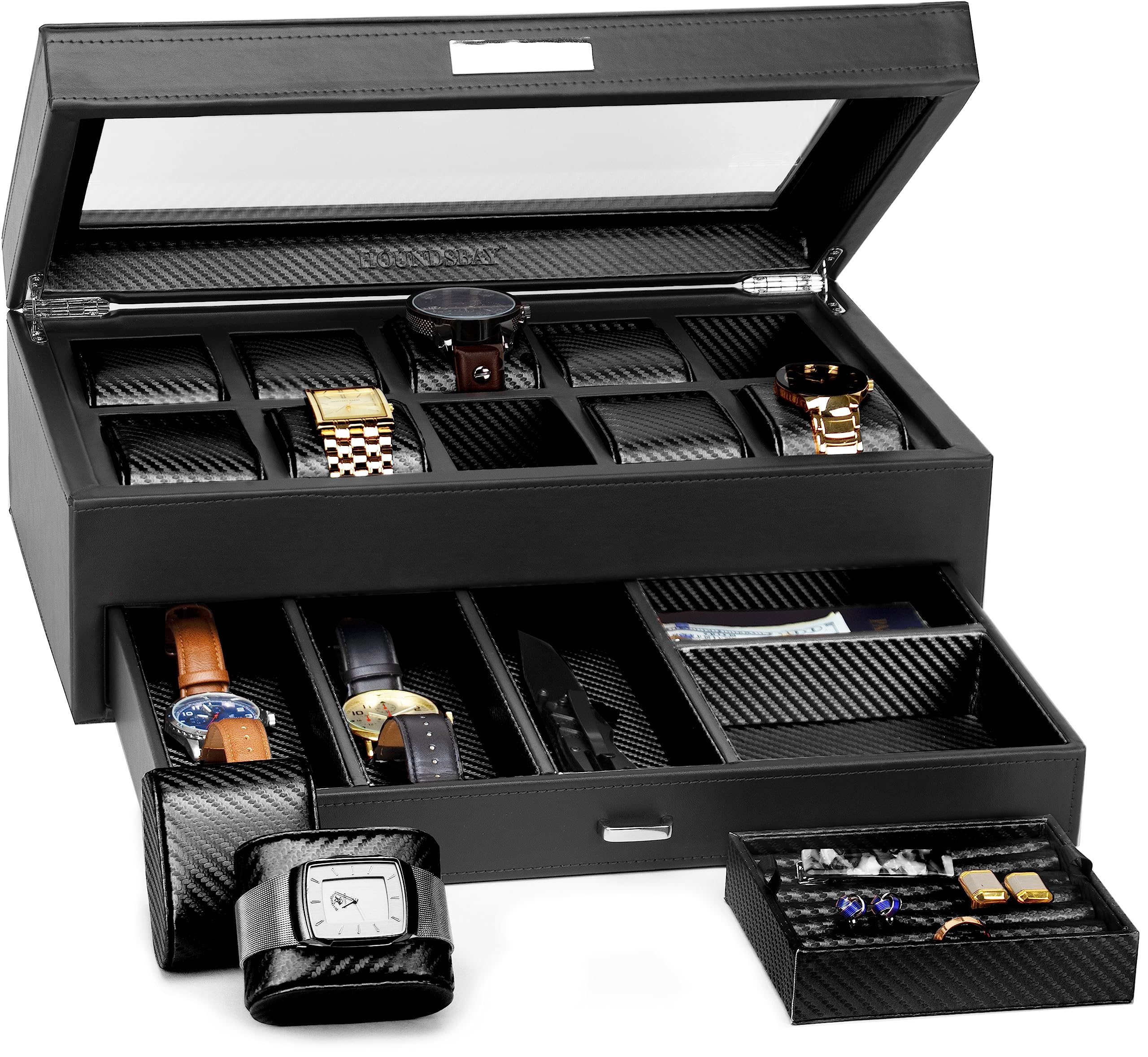 HOUNDSBAY Luxury Yacht Watch Box for Men - Premium Carbon Fiber Jewelry Organizer with Vegan Leather, Glass Top & EDC Storage Drawer - Perfect for Watch Collectors, Travel & Gift Giving