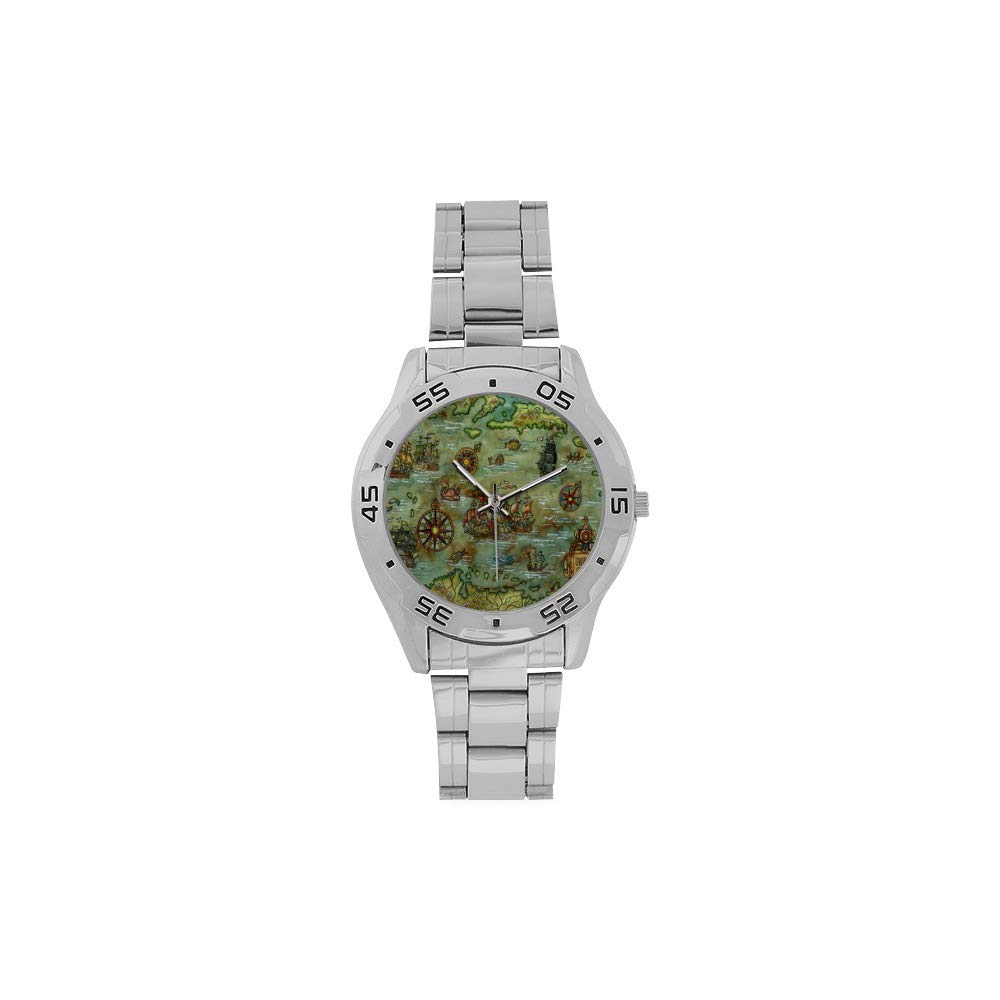 Vintage Pirate Map Men's Stainless Steel Watch - Silver Fashion Wristwatch for Casual Outfits
