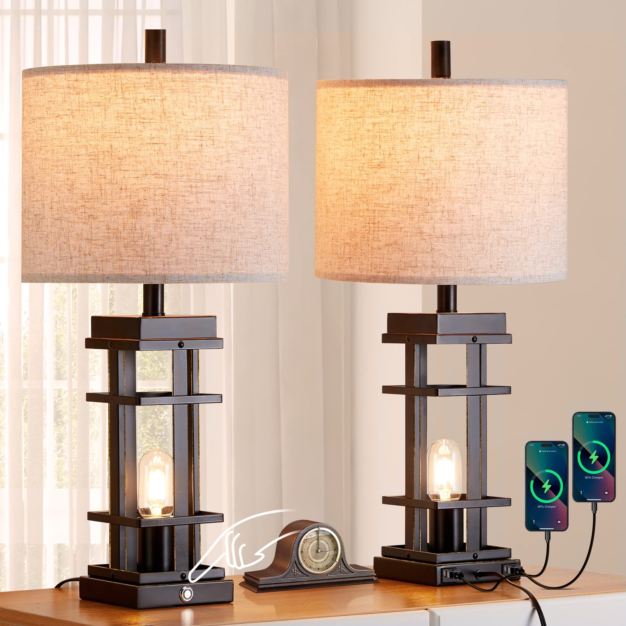 2 Pack Farmhouse Table Lamps with USB Ports - 26