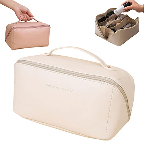 Waterproof PU Leather Makeup Bag - Large Travel Cosmetic Organizer with Handle for Skincare & Toiletries (White) - Perfect for Travel & Daily Use