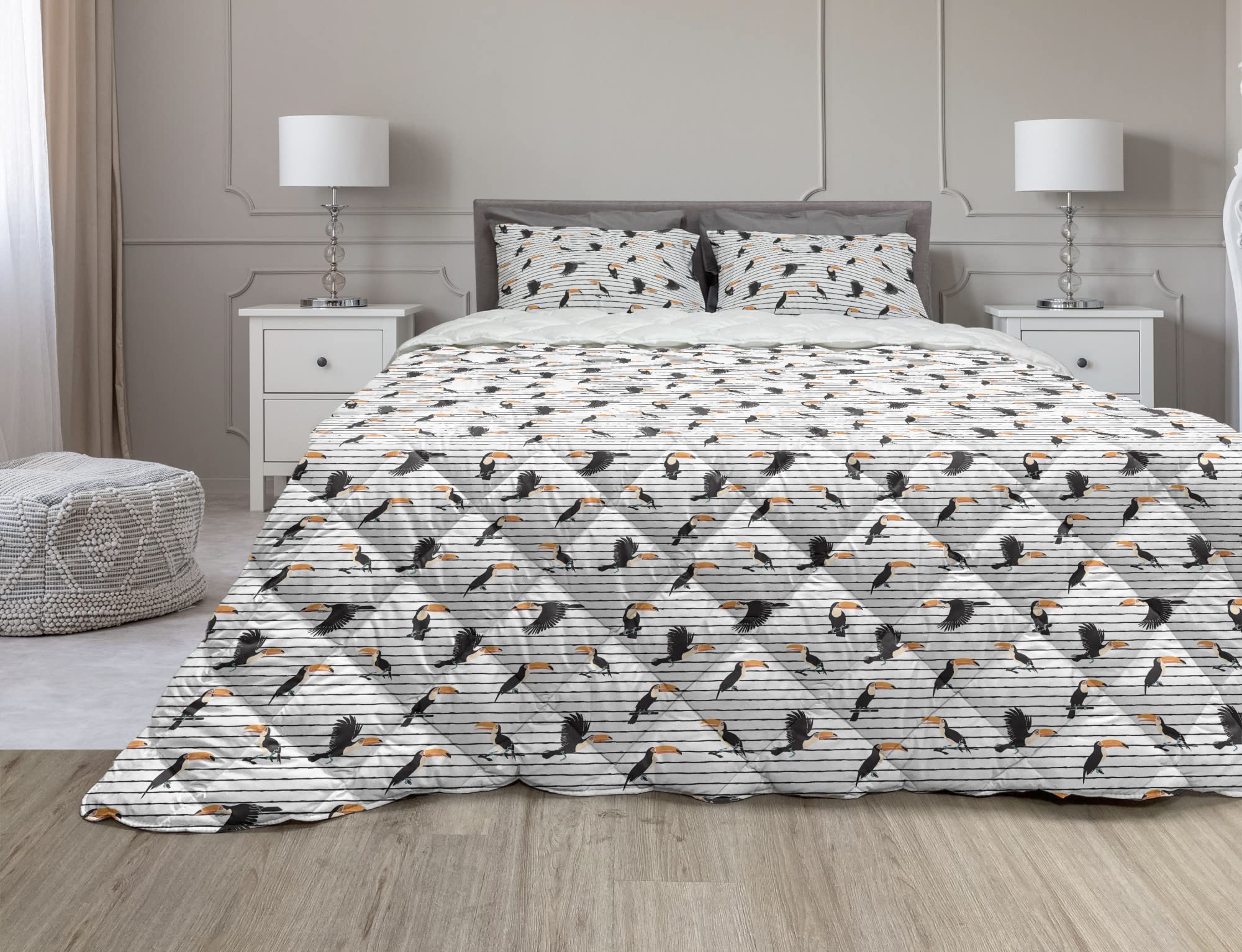 Ambesonne Tropical Comforter & Sham Bedding Set - Exotic Toucan Birds Pattern with Horizontal Stripes, Summer Microfiber Duvet Cover Set (2pc, TwinXL, Peach Black Orange) for Beach House, Guest Room & Tropical Themed Bedroom Decor