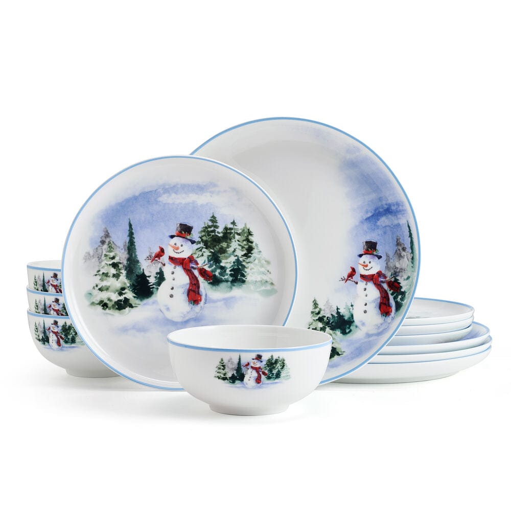 Snowman Forest 12-Piece Dinnerware Set for 4 - Holiday Dinner Plates, Bowls & Mugs - Christmas Tableware for Family Gatherings & Festive Celebrations