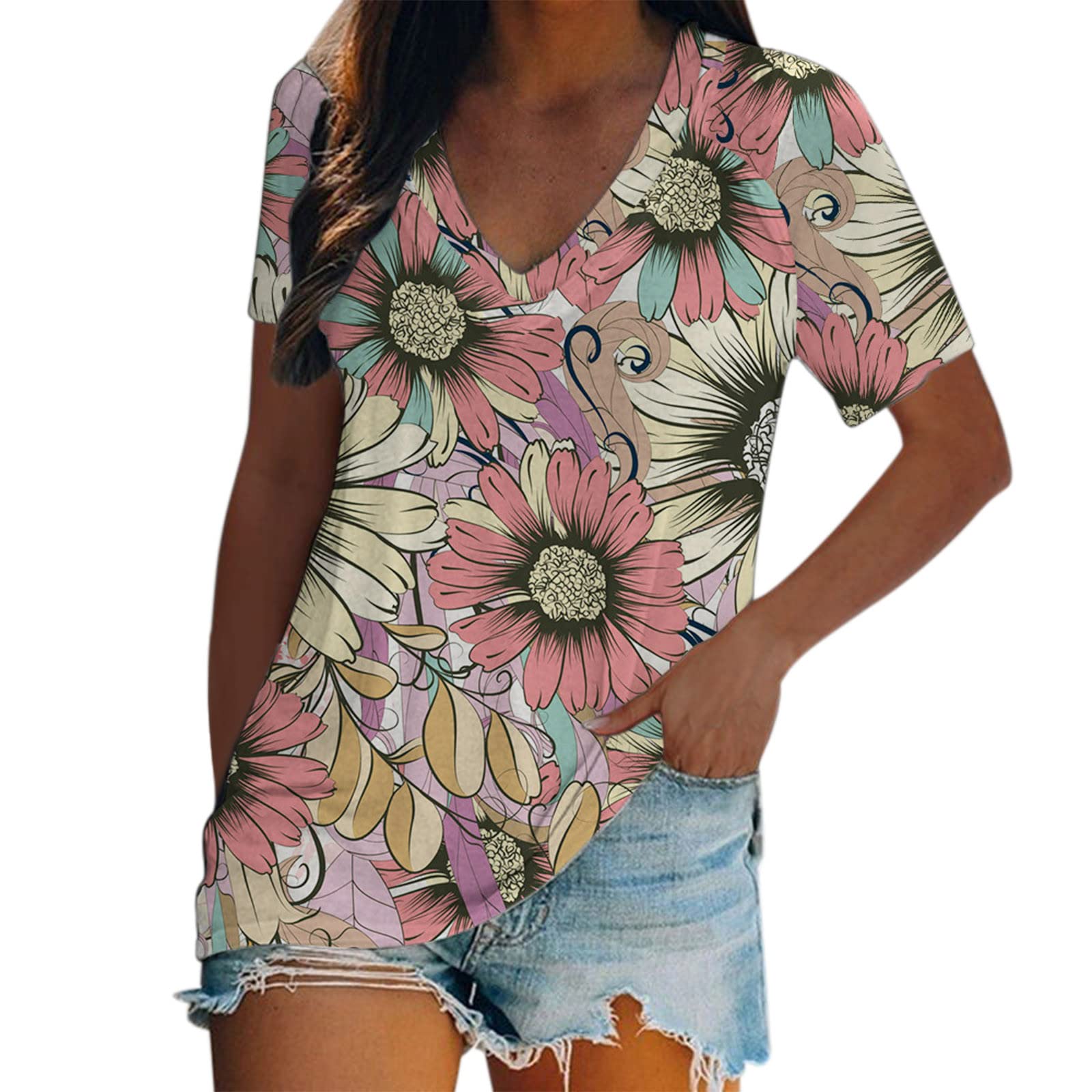 FMCHICO Women's Summer Floral Print V-Neck T-Shirt - Short Sleeve Casual Blouse for Women - Perfect for Beach, Vacation, and Everyday Wear