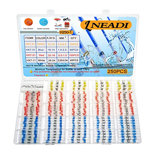 LNEADI 250PCS Solder Seal Wire Connectors Kit - Waterproof Heat Shrink Butt Connectors for Electrical Wiring - Quick Connect Electrical Terminals for Automotive, Marine & Home DIY Projects