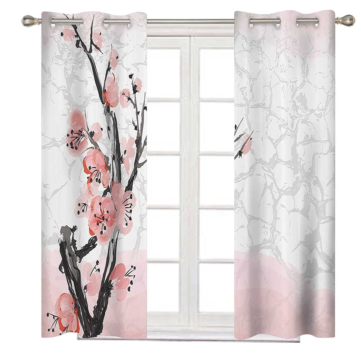 Floral Blackout Curtains for Bedroom - Light Pink & Grey Room Darkening Window Drapes with Grommet Top (27.5