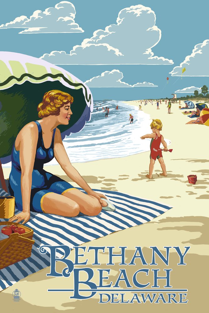 Bethany Beach Delaware Coastal Woman Art Print - 24x36 Premium Metal Wall Decor for Living Room, Bedroom & Office