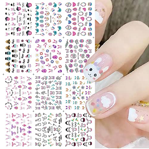 Easter Nail Art Stickers - 3D Self-Adhesive Nail Decals (12 Sheets) with Bunny, Eggs, Flowers Design - DIY Acrylic Nail Art Supplies for Spring Nails, Easter Party & Holiday Nail Decorations