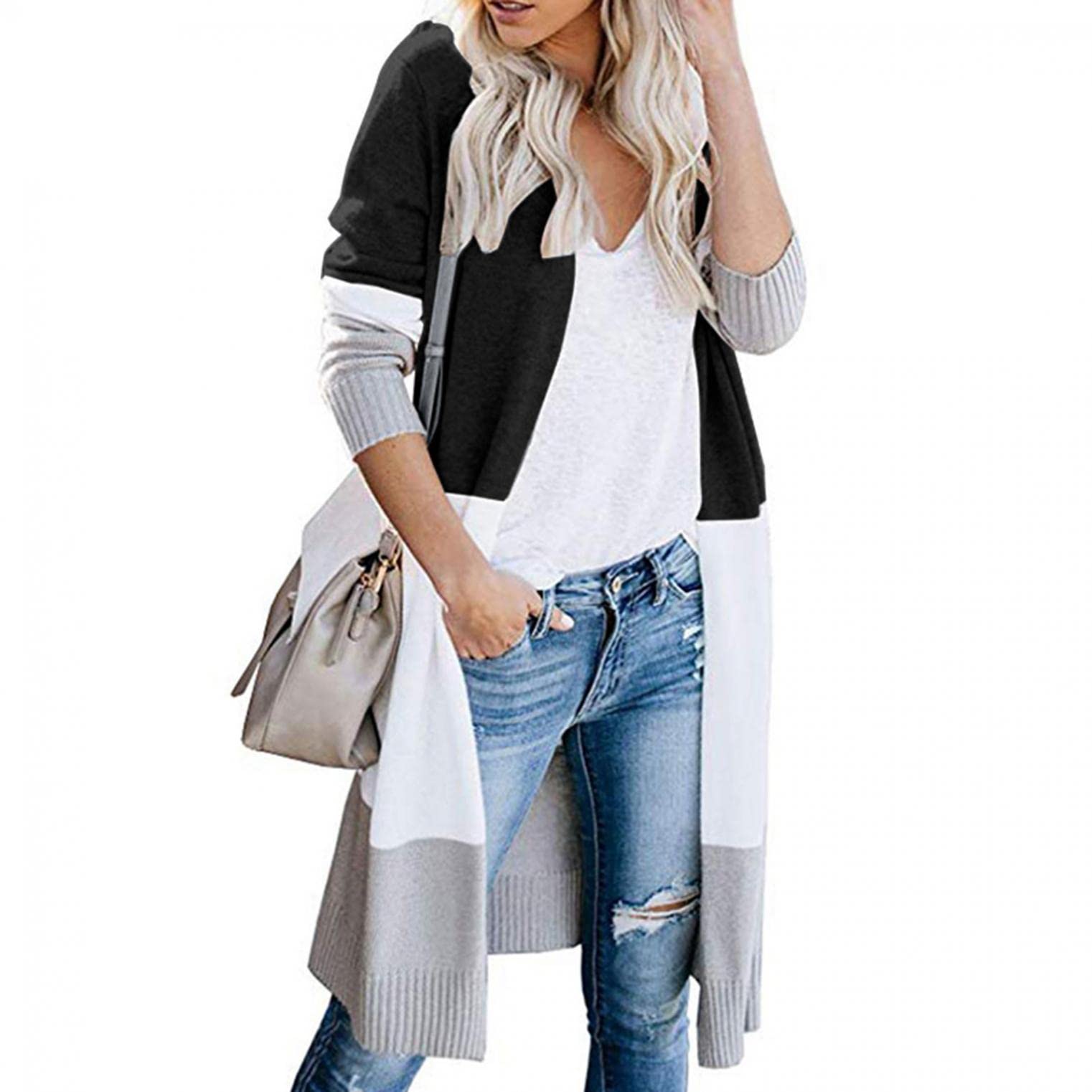 Masbird Women's Lightweight Long Sleeve Open Front Cardigan - Colorblock Loose Fall Sweater for Casual Wear, Office & Layering