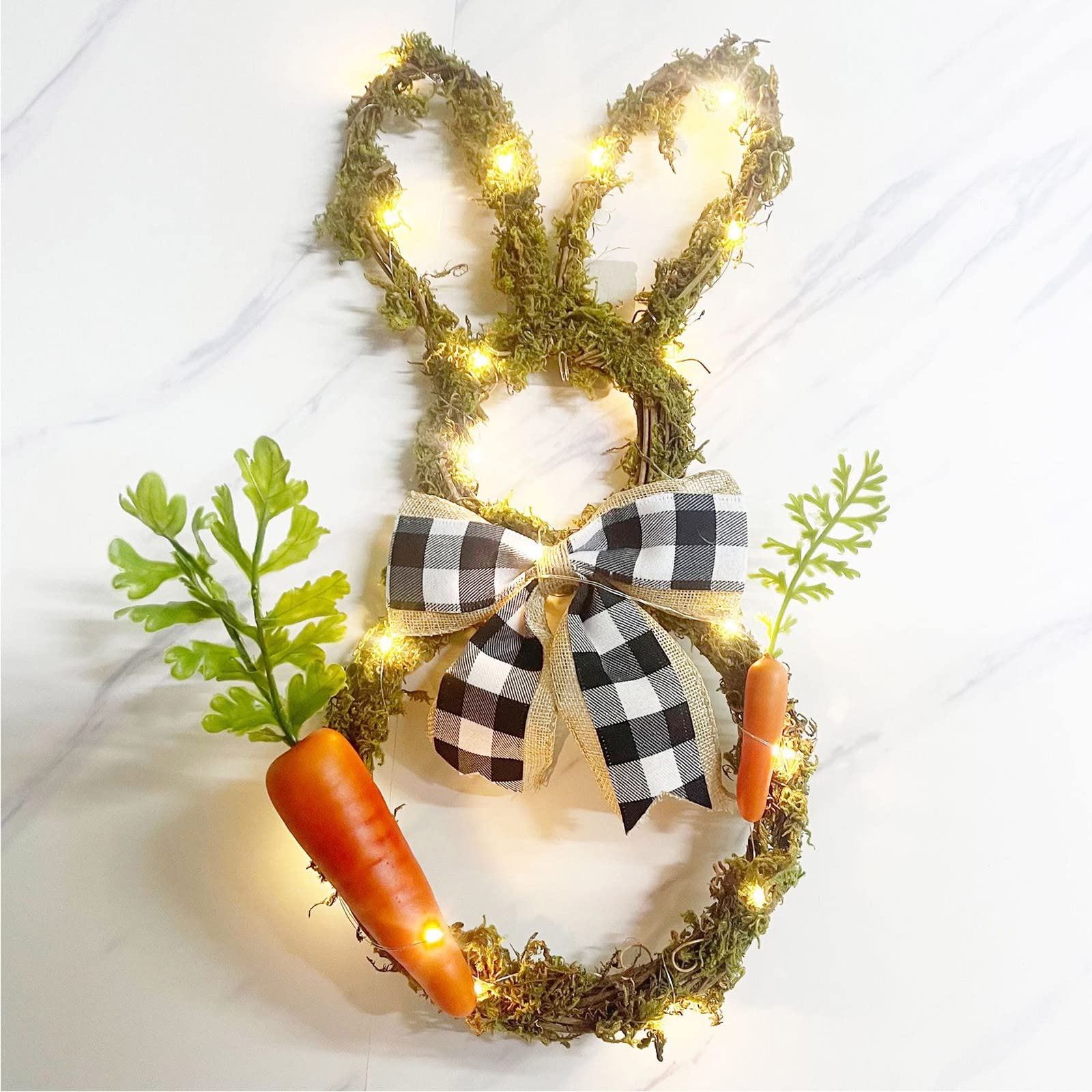 Rayuwen Handmade Rabbit Rattan Wreath with LED String Lights - Easter Bunny Carrot Garland for Door Hanging, Wall Decor, Home Party (Perfect for Easter Decorations, Spring Home Decor, Baby Shower, and Garden Party)
