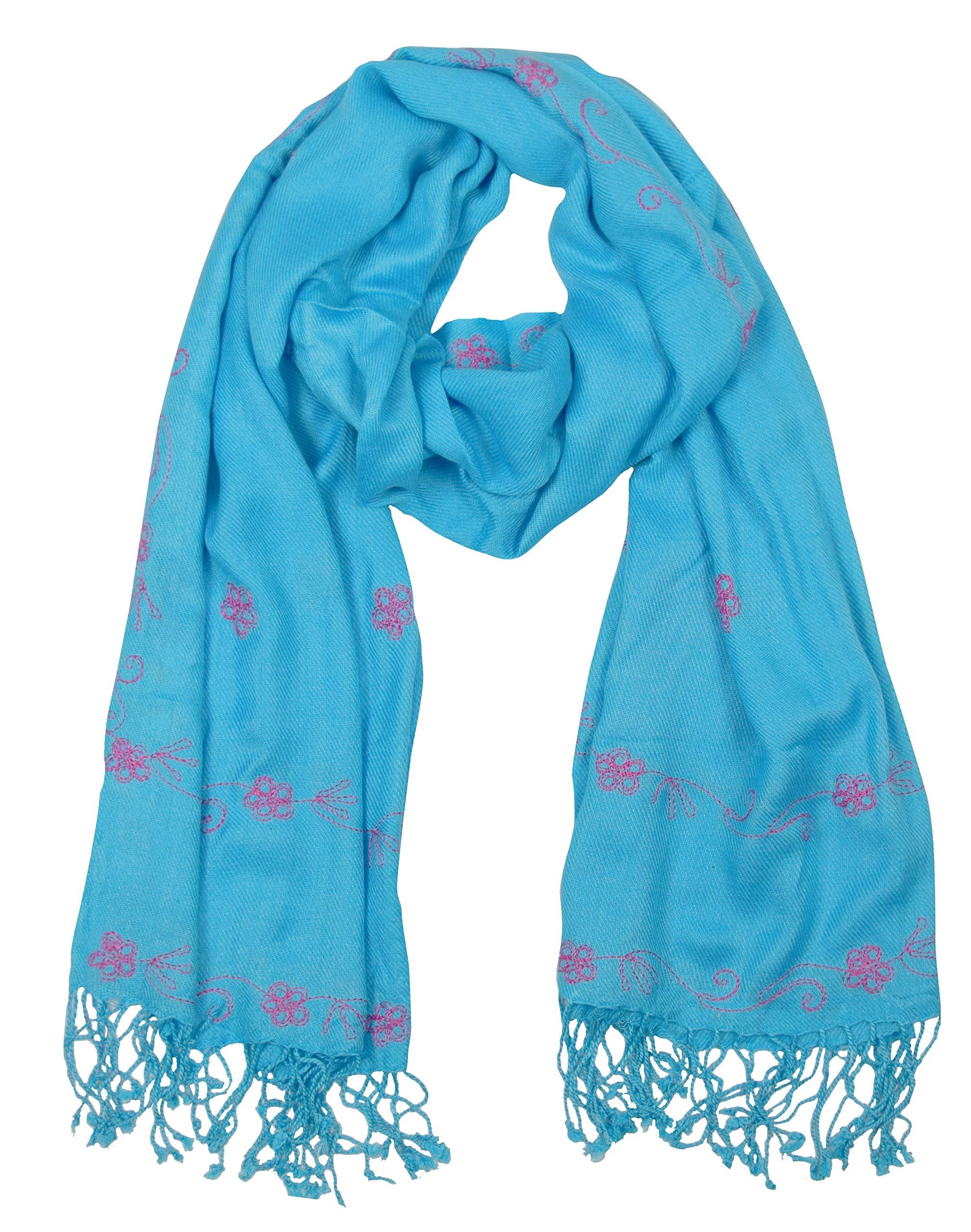 Vintage Turquoise Floral Hand Embroidered Pashmina Shawl Scarf - Elegant Wrap for Weddings, Parties & Special Occasions