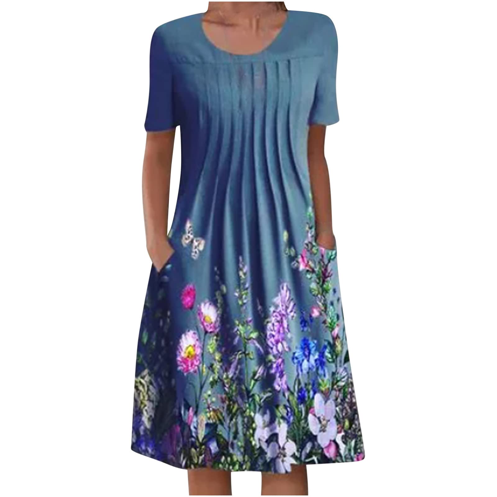 Ywuzuh Women's Floral Print Summer Casual Dress - Round Neck Short Sleeve Wedding Guest Dress with Foldable Design | Perfect for Outdoor Parties, Beach Vacations & Special Occasions
