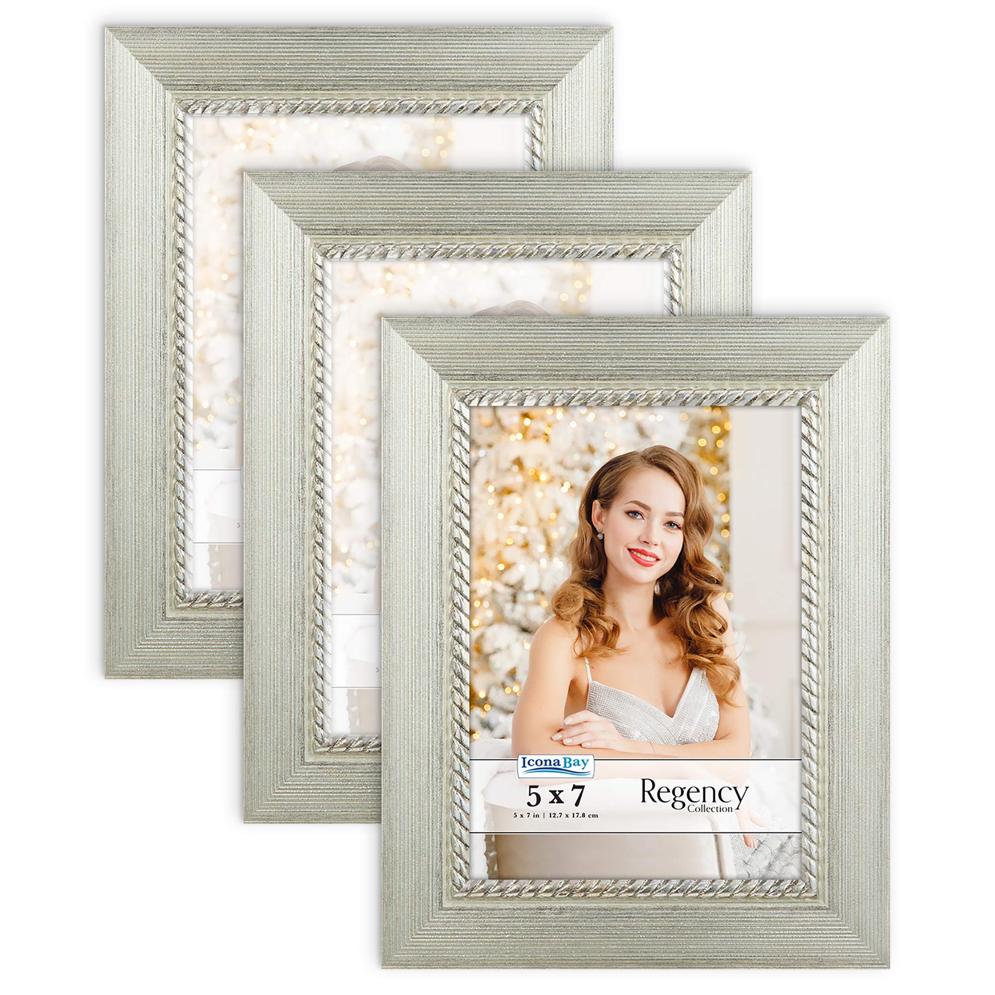 Icona Bay 5x7 Picture Frames - Baroque Silver Photo Frames (3 Pack) for Wall or Table Display