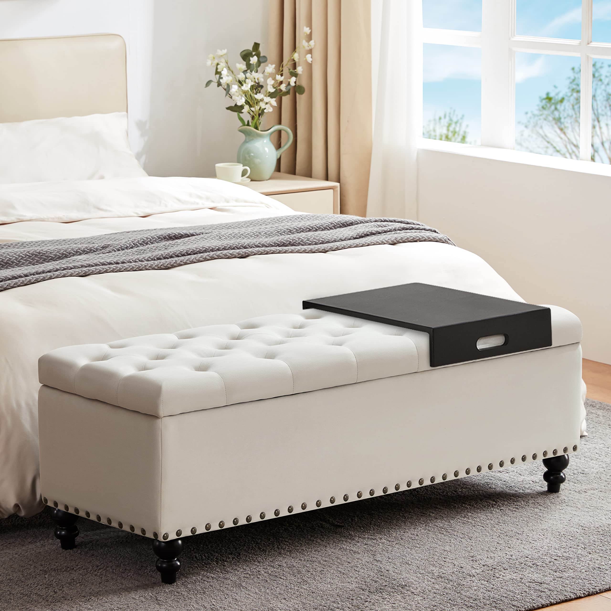 HUIMO 51-inch Storage Ottoman Bench with Button-Tufted Upholstery, Large Fabric Storage Ottoman with Safety Hinge for Bedroom & Living Room - Perfect for Extra Seating, Blanket Storage, and Footrest (Ivory-Tray)