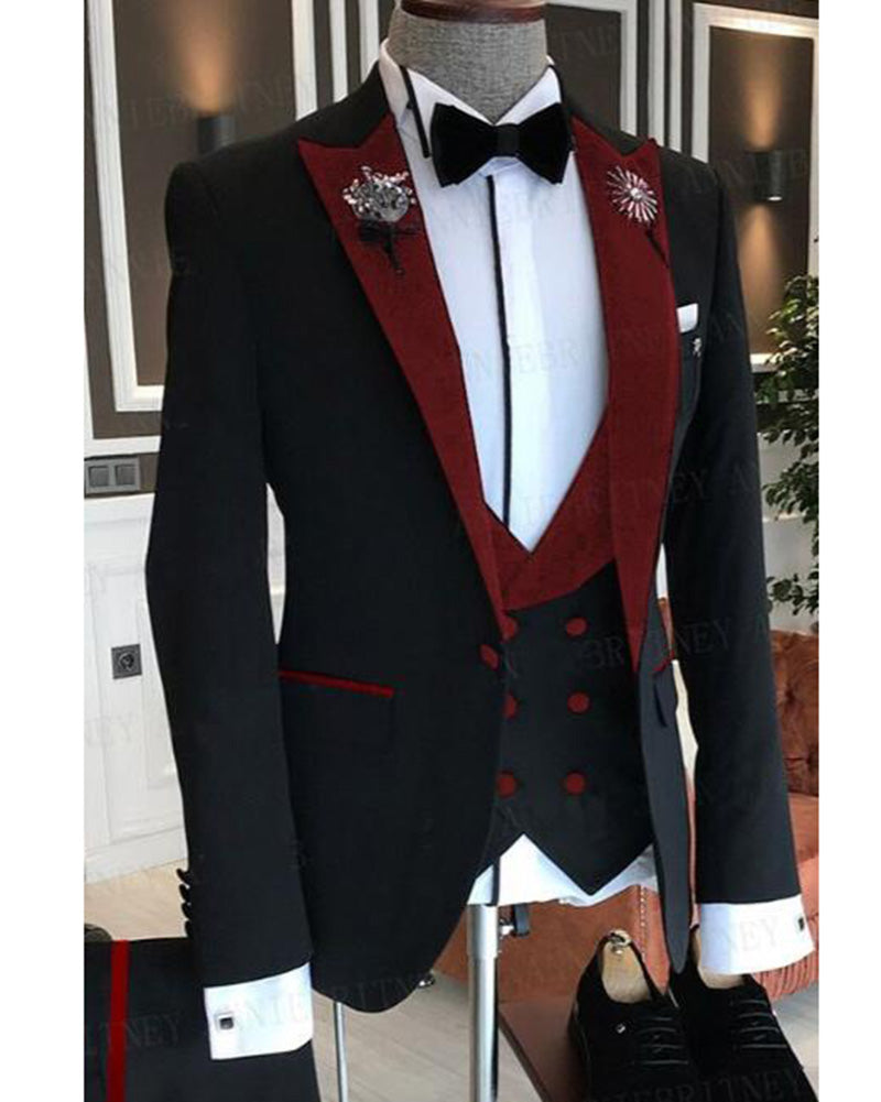 Elegant Men's 3-Piece Velvet Tuxedo Suit with Peak Lapel - Red & Black Wedding Jacket, Vest & Pants (CB343) | Perfect for Formal Weddings, Prom & Black Tie Events