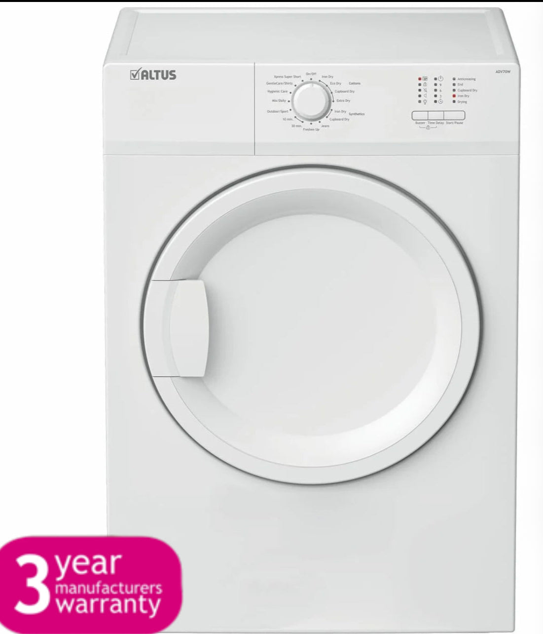 Altus 7kg Vented Dryer ADV70W - Energy Efficient Clothes Dryer with 3 Year Warranty | Perfect for Apartments, Laundromats & Small Homes