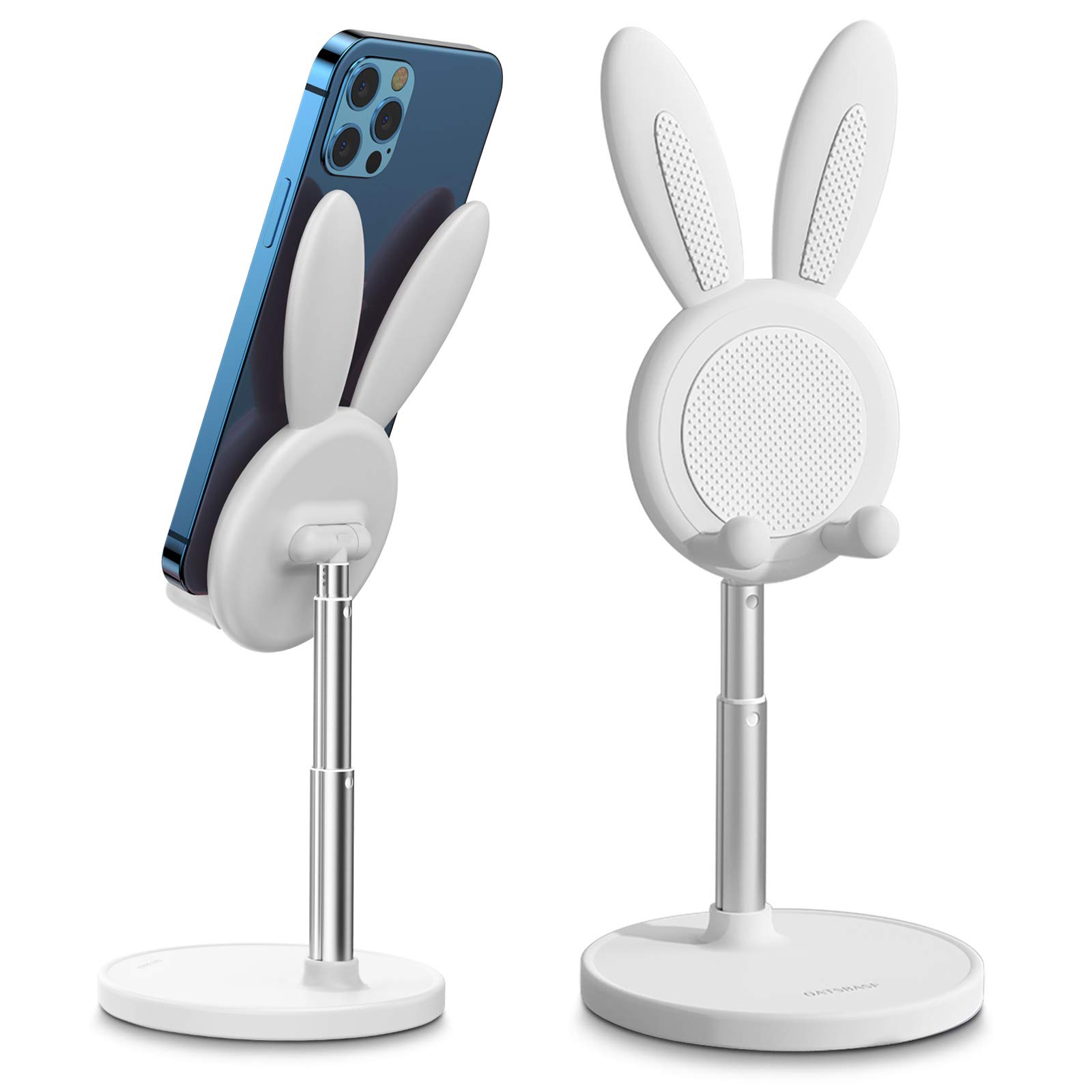Adjustable Bunny Phone Stand for Desk - Thick Case Friendly Phone Holder Compatible with iPhone, iPad, Kindle, Switch & Tablets - Perfect for Work, Gaming & Reading (White)