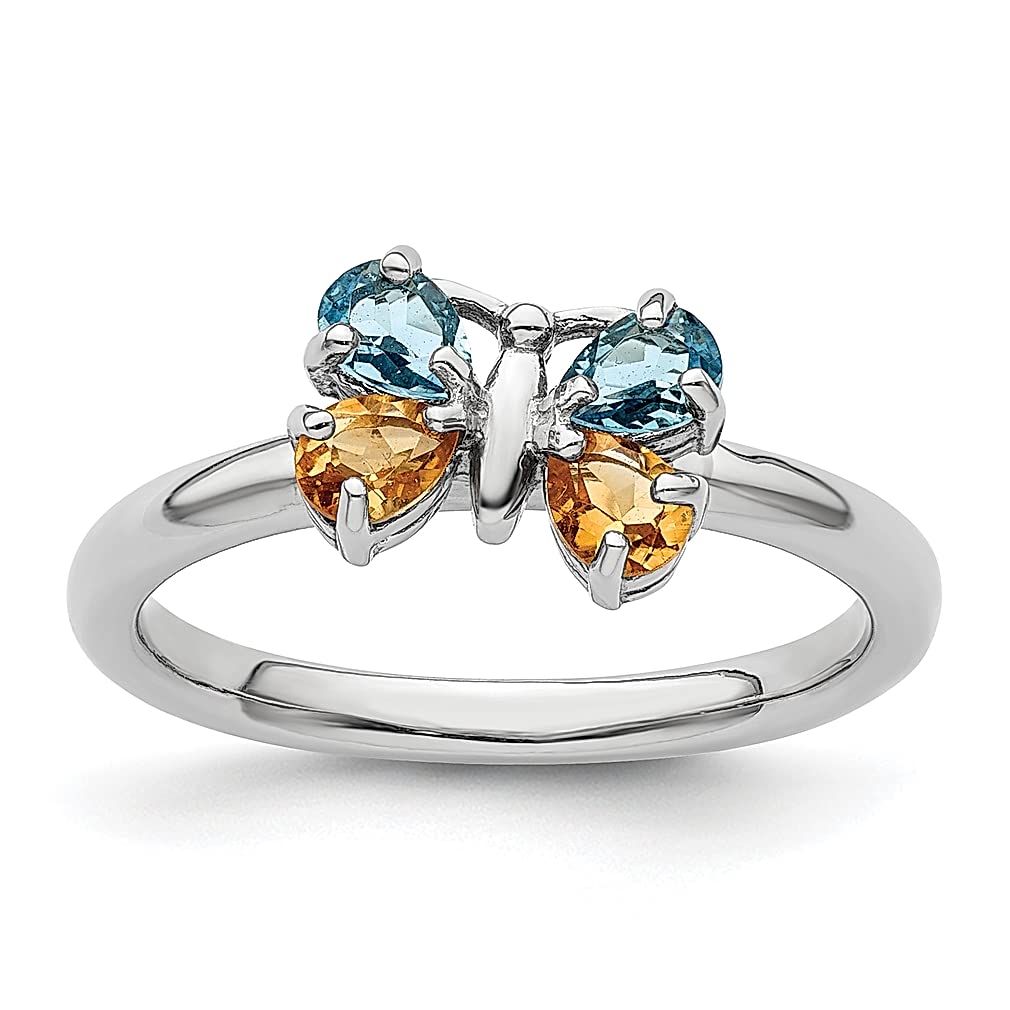 925 Sterling Silver Blue Topaz & Citrine Butterfly Stackable Ring - November & December Birthstone Jewelry for Women - Elegant Gift for Her - Perfect for Anniversaries, Birthdays & Everyday Wear