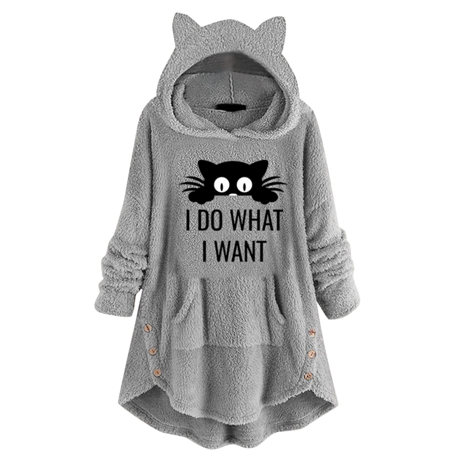 Women's Extra Large Cute Cat Print Fleece Hoodie with Button, Long Sleeve & Pockets - Cozy Winter Wear for Casual Outings, Lounge & Street Fashion