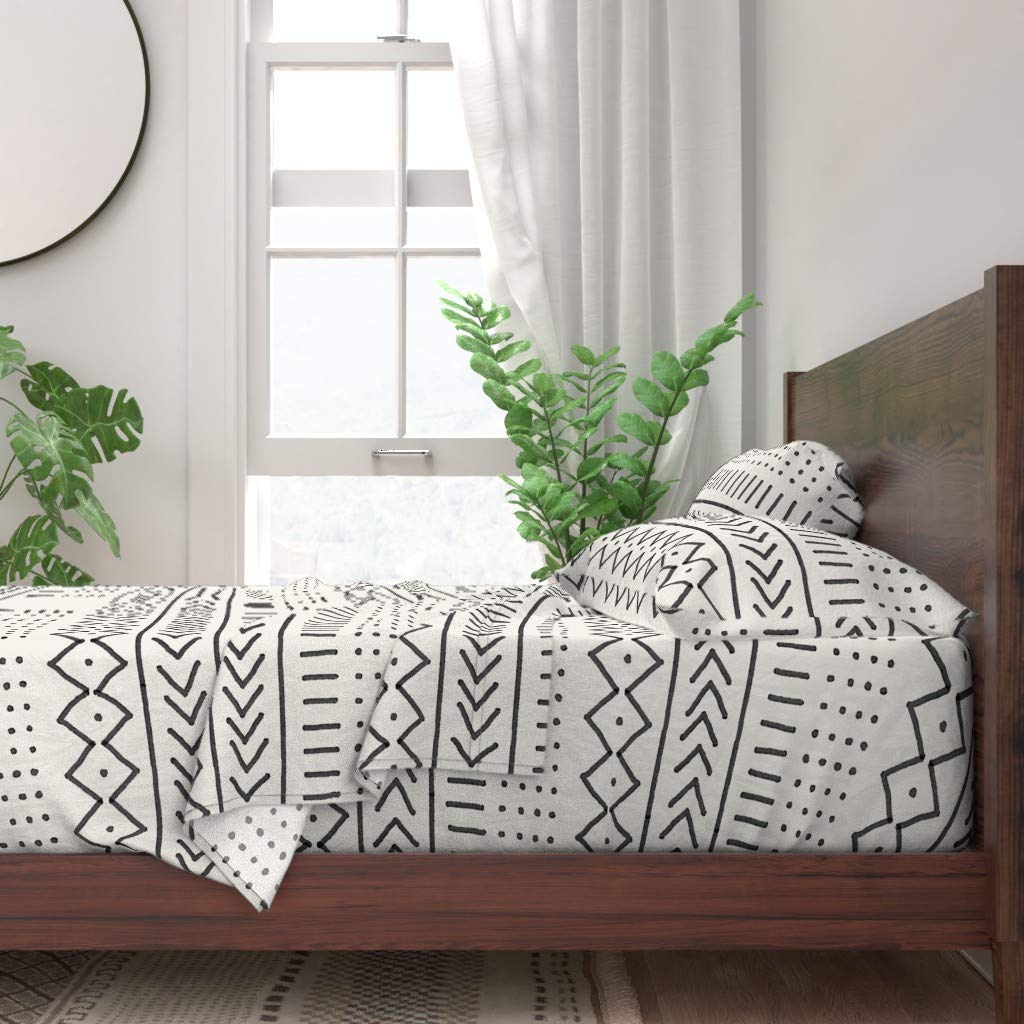 100% Cotton Twin 3-Piece Sheet Set - African Mudcloth Cream Geometric Chevron Print Bedding | Boho Chic Home Decor for Guest Rooms & Dorm Essentials
