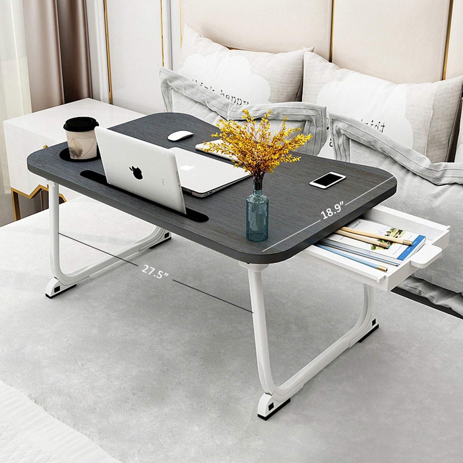 MGsten XXL Foldable Laptop Bed Table with Cup Holder & Drawer - Portable Standing Lap Desk for Couch, Office, Bedroom (27.5”x18.9”x11”) - Perfect for Remote Work, Gaming & Breakfast in Bed