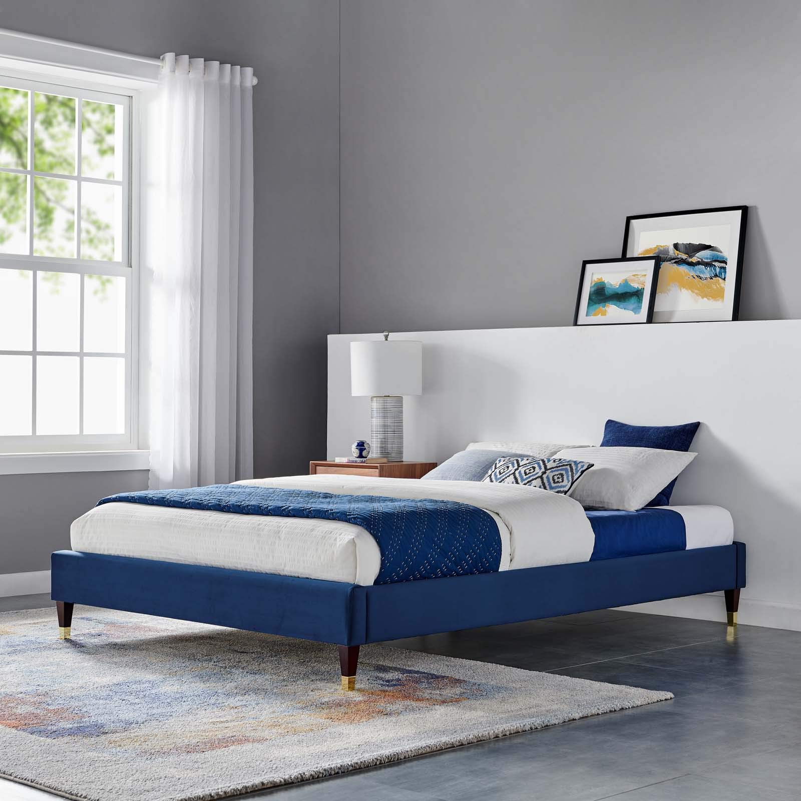 Modway MOD-6269-NAV Harlow Full Performance Velvet Platform Bed Frame, Navy Blue - Modern Upholstered Bed with Wooden Slats for Master Bedroom, Guest Room & Apartment