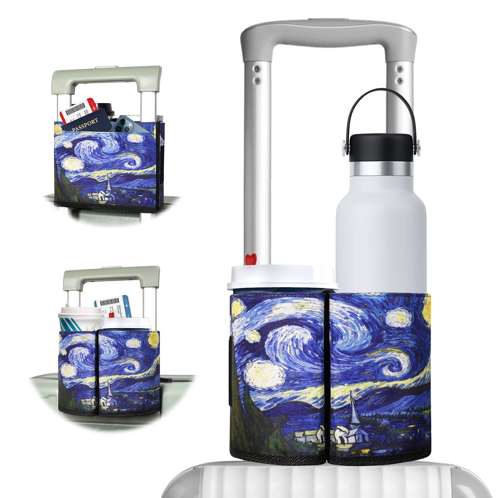 ACdream Luggage Cup Holder - Portable Suitcase Drink Carrier for Travel, Free Hands Coffee & Water Caddy - Perfect Flight Attendant Gift & Airplane Travel Accessories (Starry Night Design) - Ideal for Airports, Commuting, and Business Trips
