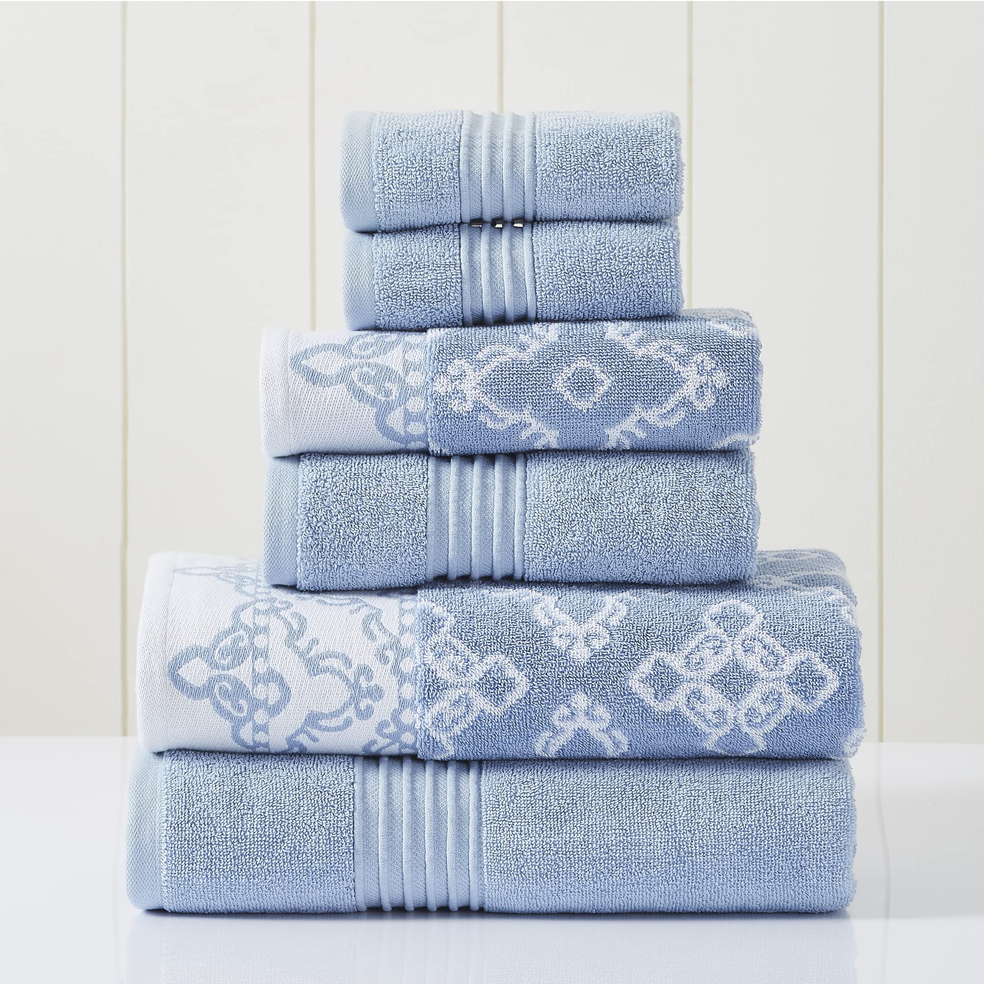 Premium 6-Piece Bath Towel Set - 2 Bath Towels, 2 Hand Towels & 2 Washcloths | Yarn-Dyed Jacquard & Solid Design in Charlize Blue | Soft & Absorbent for Spa, Bathroom & Guest Use