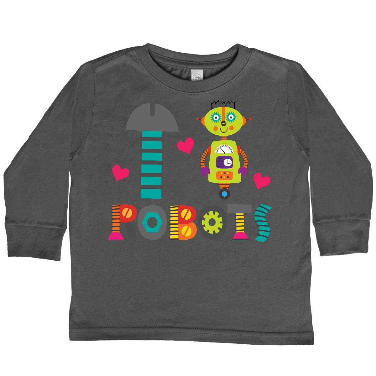 Inktastic Robotics I Heart Robots Toddler Long Sleeve T-Shirt - Cute Robot Graphic Tee for Boys & Girls, Soft Cotton Kids Shirt for School, Playdates & STEM Activities