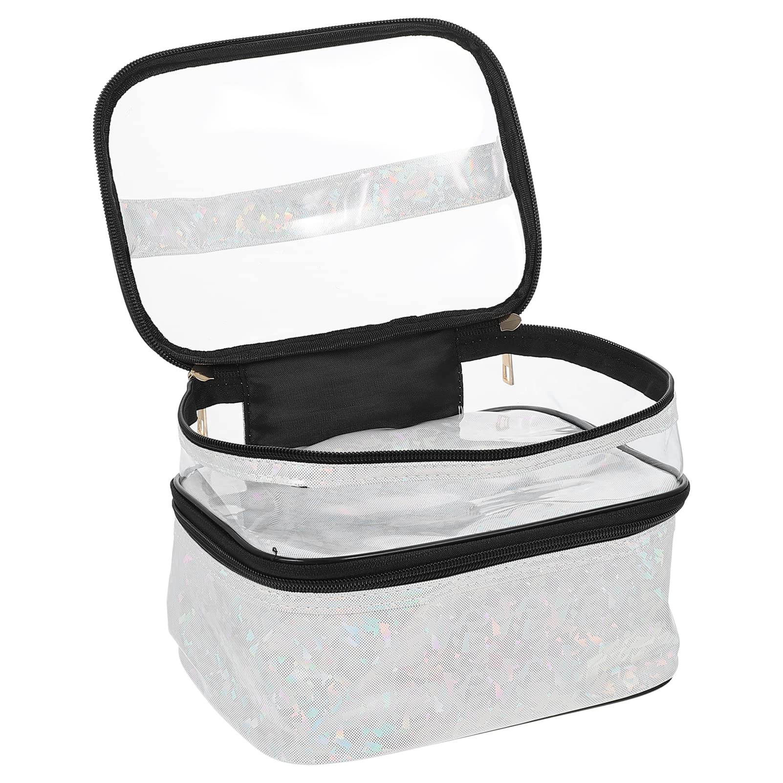 FRCOLOR Large Clear Makeup Bag for Travel - Double Layer Transparent Cosmetic Toiletry Organizer with Zipper & Handle | Perfect for Airplane Carry-on, Gym Essentials, and Bathroom Storage