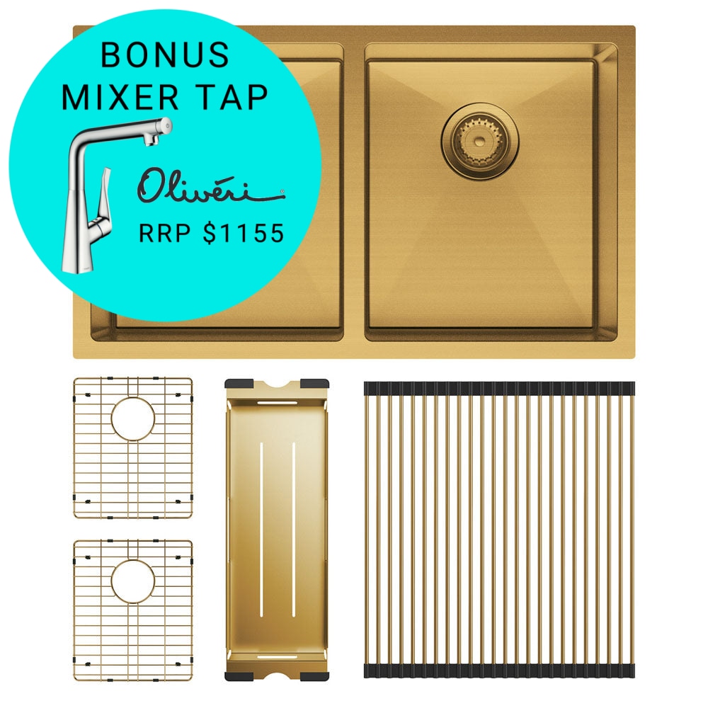 FIENZA Double Bowl Kitchen Sink Set - Heavy Duty Brass 68403RB Kit for Modern Farmhouse & Commercial Kitchens