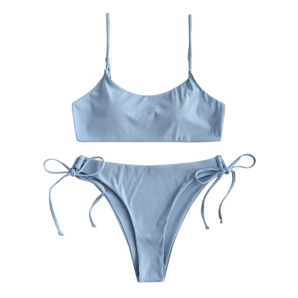 UXZDX CUJUX Women's High Waist Push Up Bikini Set - Solid Color Bandage Swimwear with Padded Cups | Summer Beachwear for Swimming, Pool Party & Vacation (Blue, Medium)