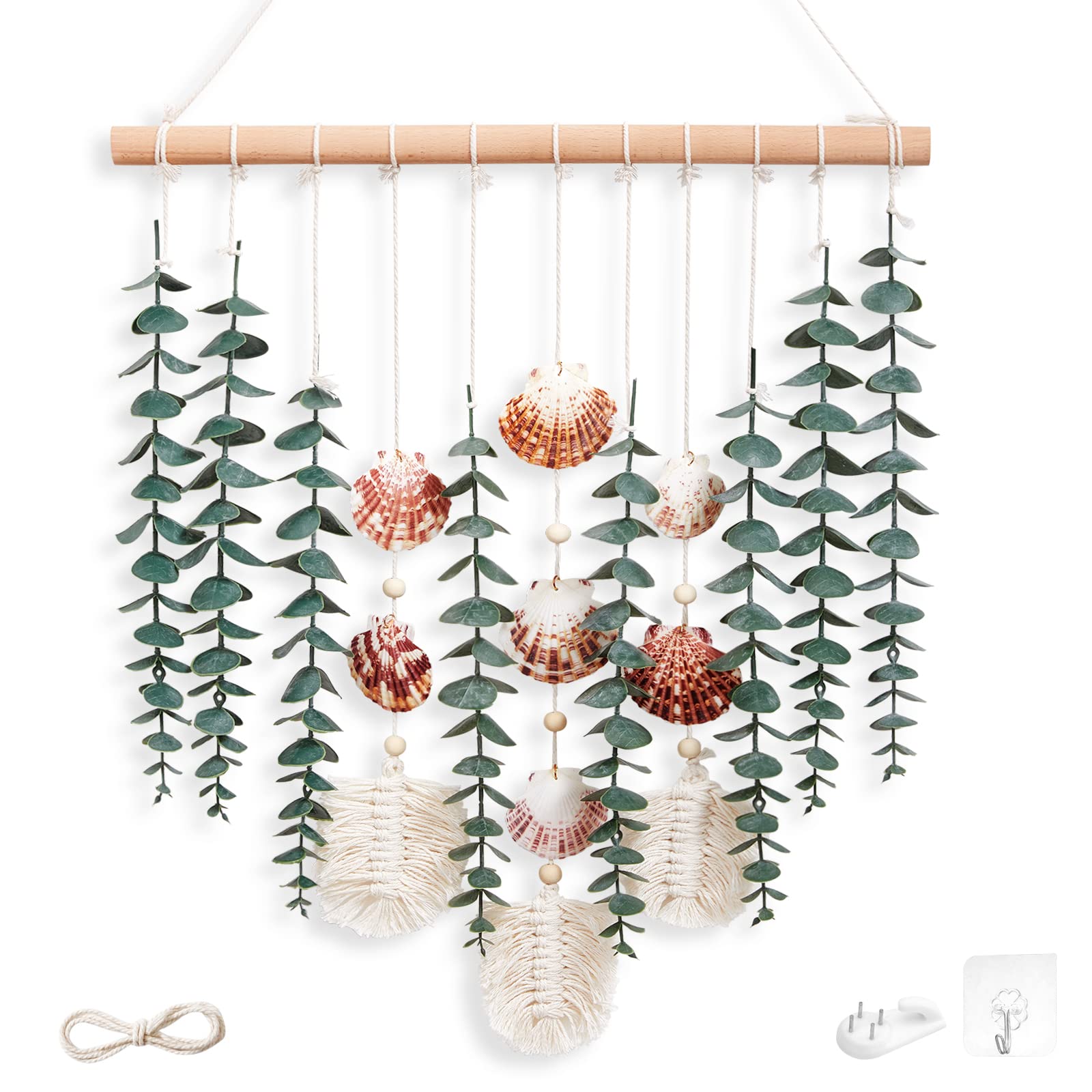 Boho Wall Hanging Decor - Artificial Eucalyptus Greenery with Shell Accents for Nursery, Bedroom, Bathroom, Living Room & Kitchen | Perfect for Boho, Coastal & Farmhouse Home Decor Styles
