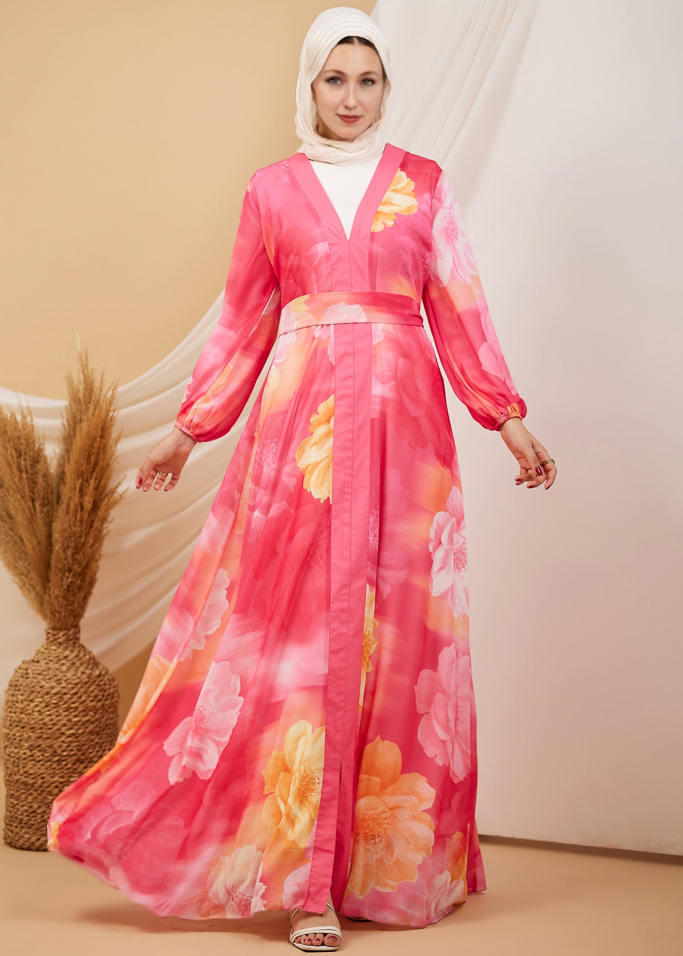 Amani Radiant Blossom Flowy Chiffon Maxi Dress with Flared Sleeves - Elegant Summer Beach Wedding & Party Dress for Women